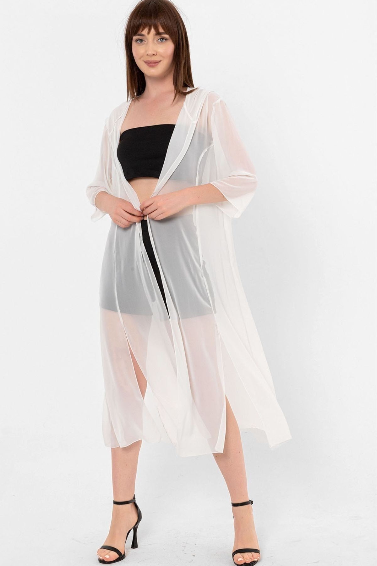 Ecru Kapüşonlu Yırtmaç Detaylı Şifon Kimono&bikiniüstü