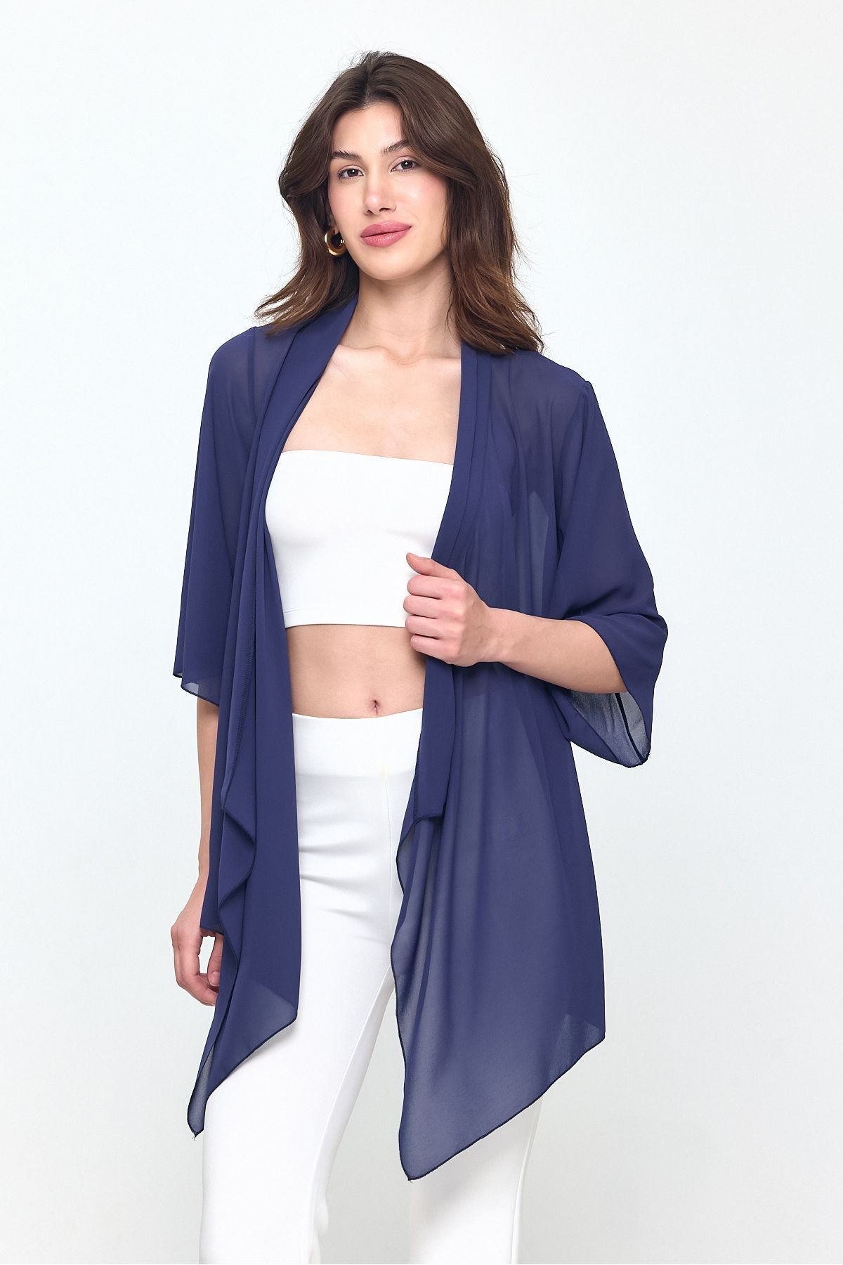 Lacivert Şal Yaka Truvakar Kol Şifon Kimono - Hırka- Plaj Giyim 25L8034