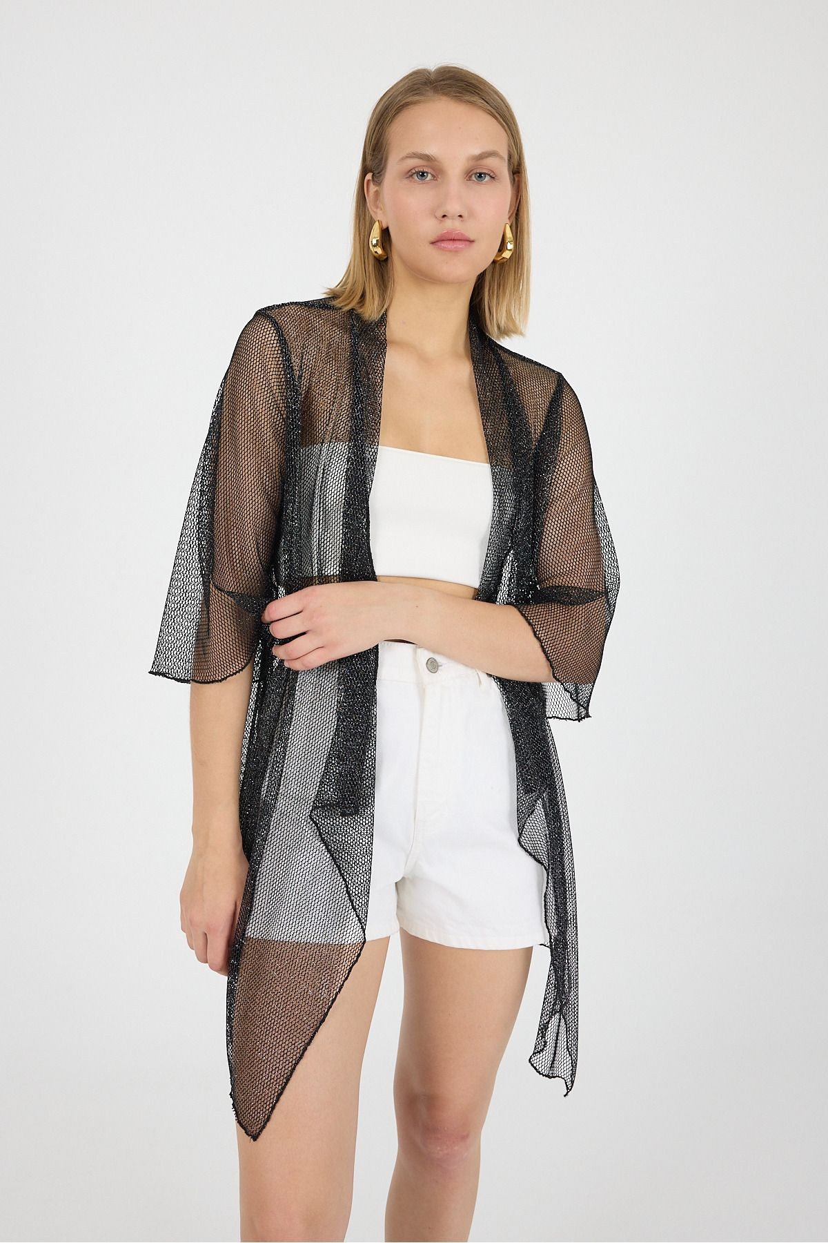 Simli File Şal Yakalı Volan Kol Kimono Kaftan Plaj Giyim 25L8120