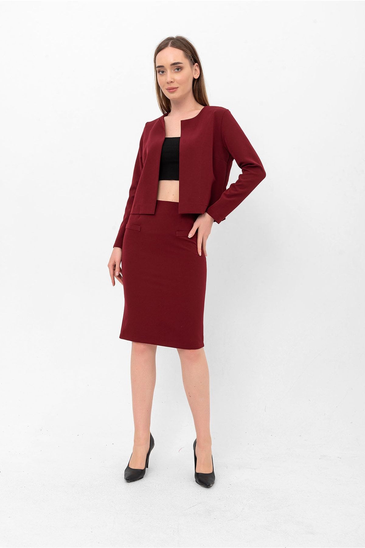 Bordo Fleto Cep Detaylı Krep Etek