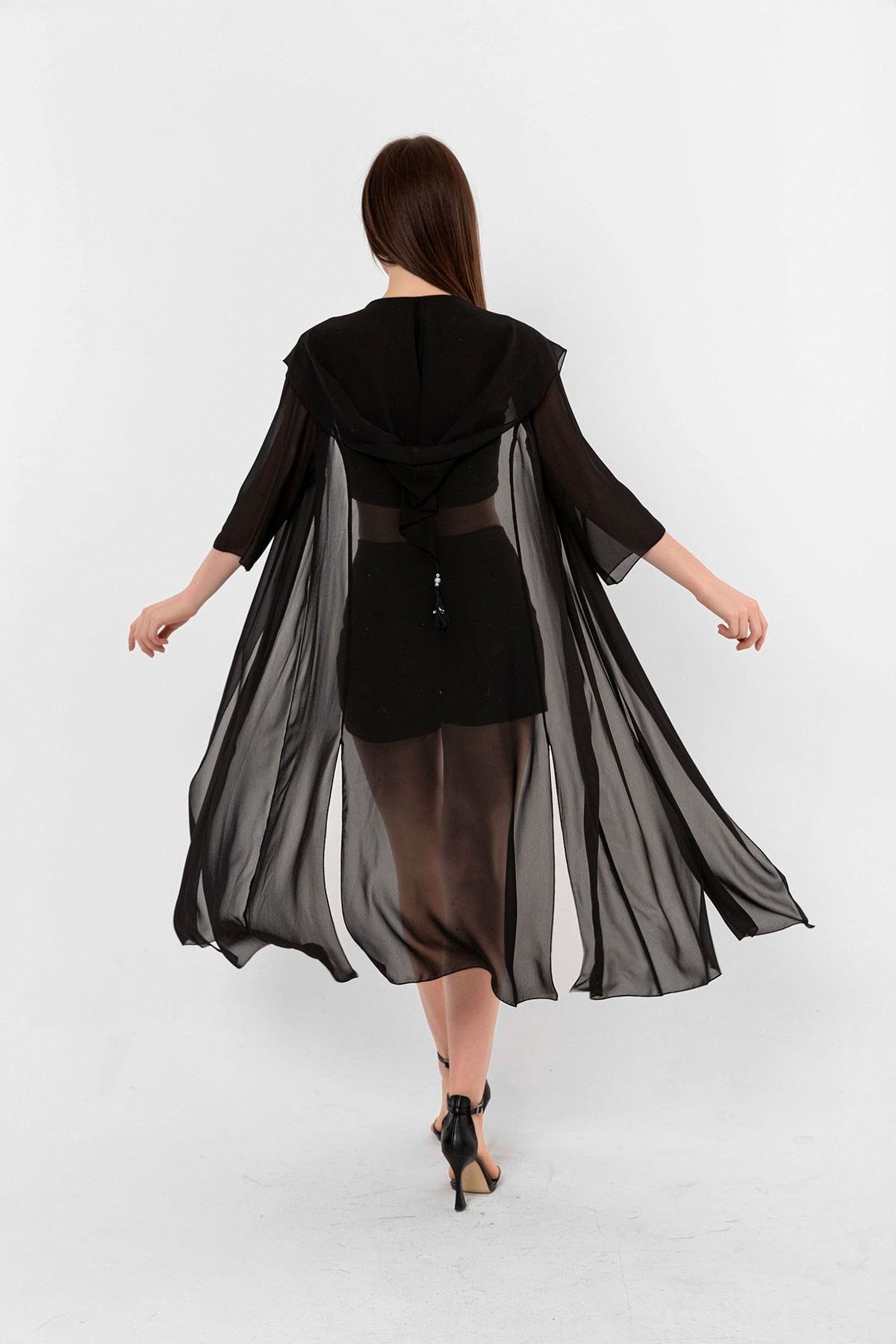 Siyah Kapüşonlu Yırtmaç Detaylı Şifon Kimono&bikiniüstü