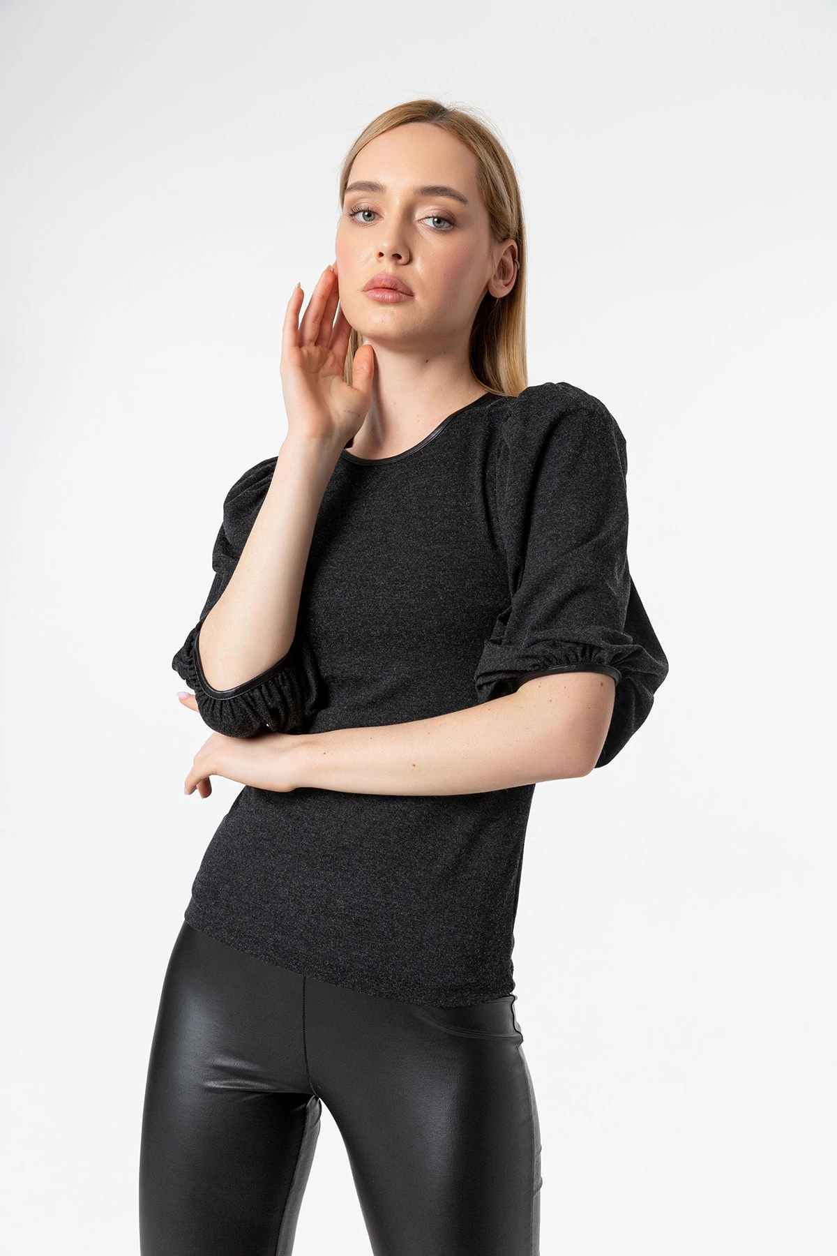 Antrasit Balon Kol Bisiklet Yaka Mevsimlik Triko Bluz Gündüz & Gece Şıklığı 21L7128