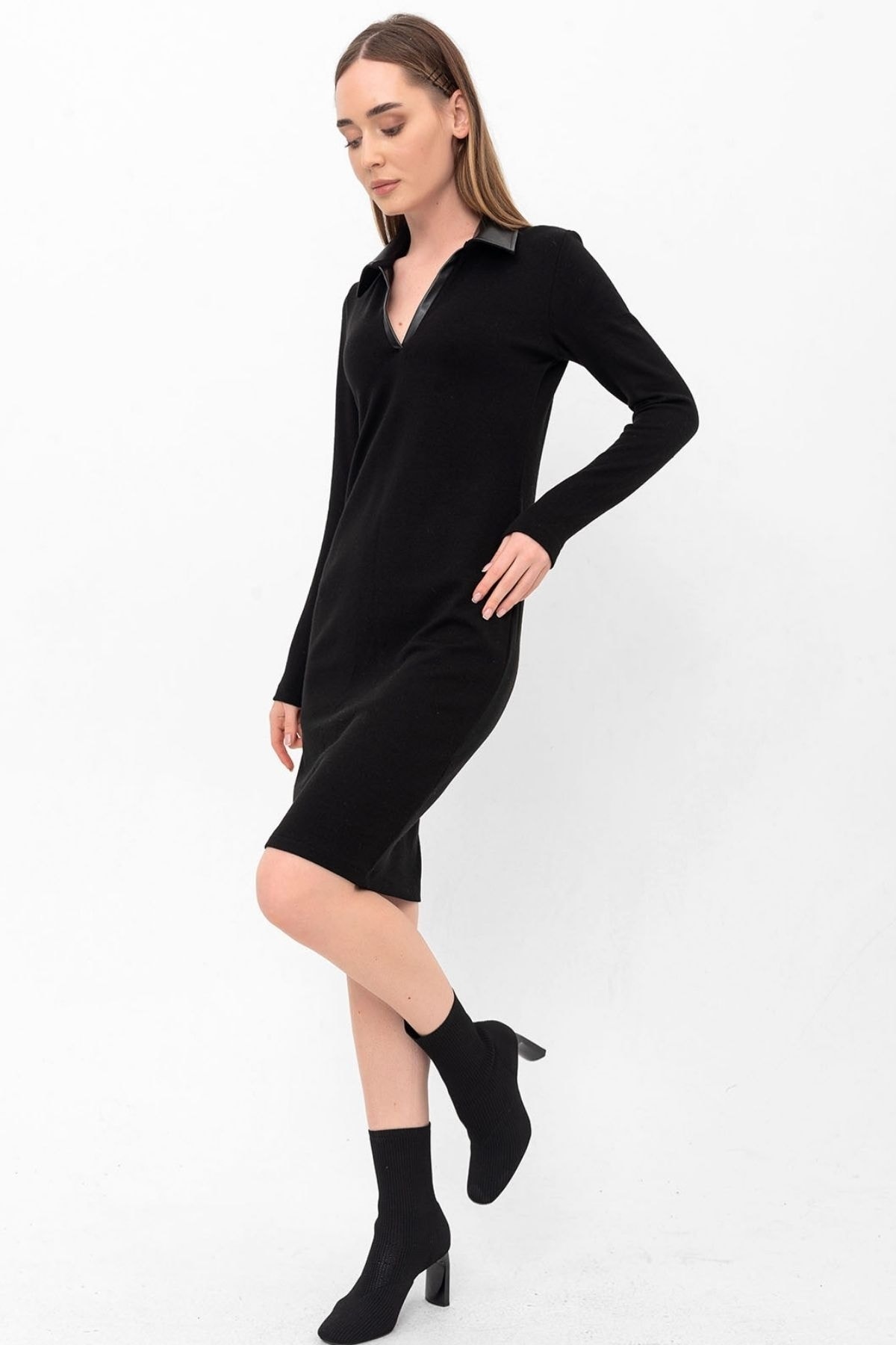 Haki Gömlek Yaka Yakada Deri Detay Triko Elbise