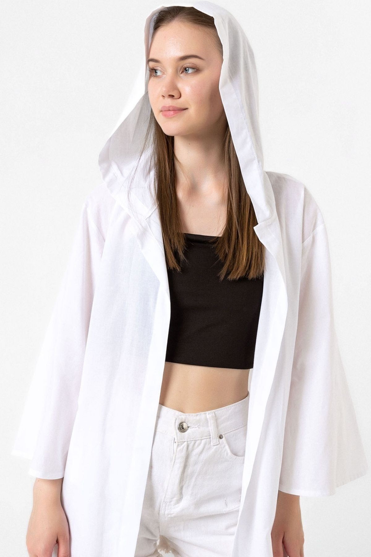 Ecru Kapüşonlu Yırtmaçlı Vual Kimono&Hırka