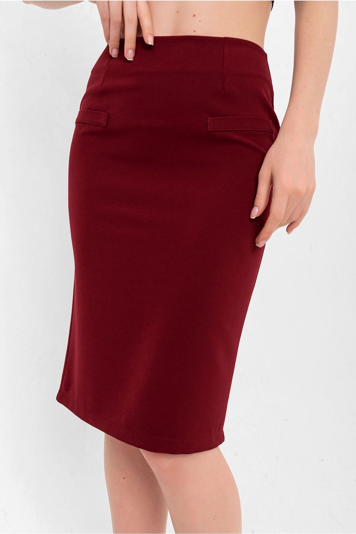 Bordo Fleto Cep Detaylı Krep Etek