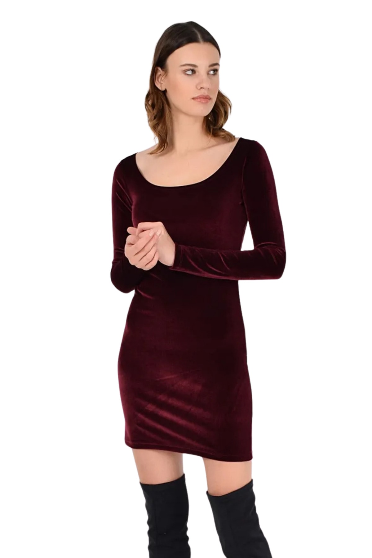 Kadın Bordo Balerin Yaka Kadife Mini Elbise Gündüz & Gece Şıklığı 19l6762