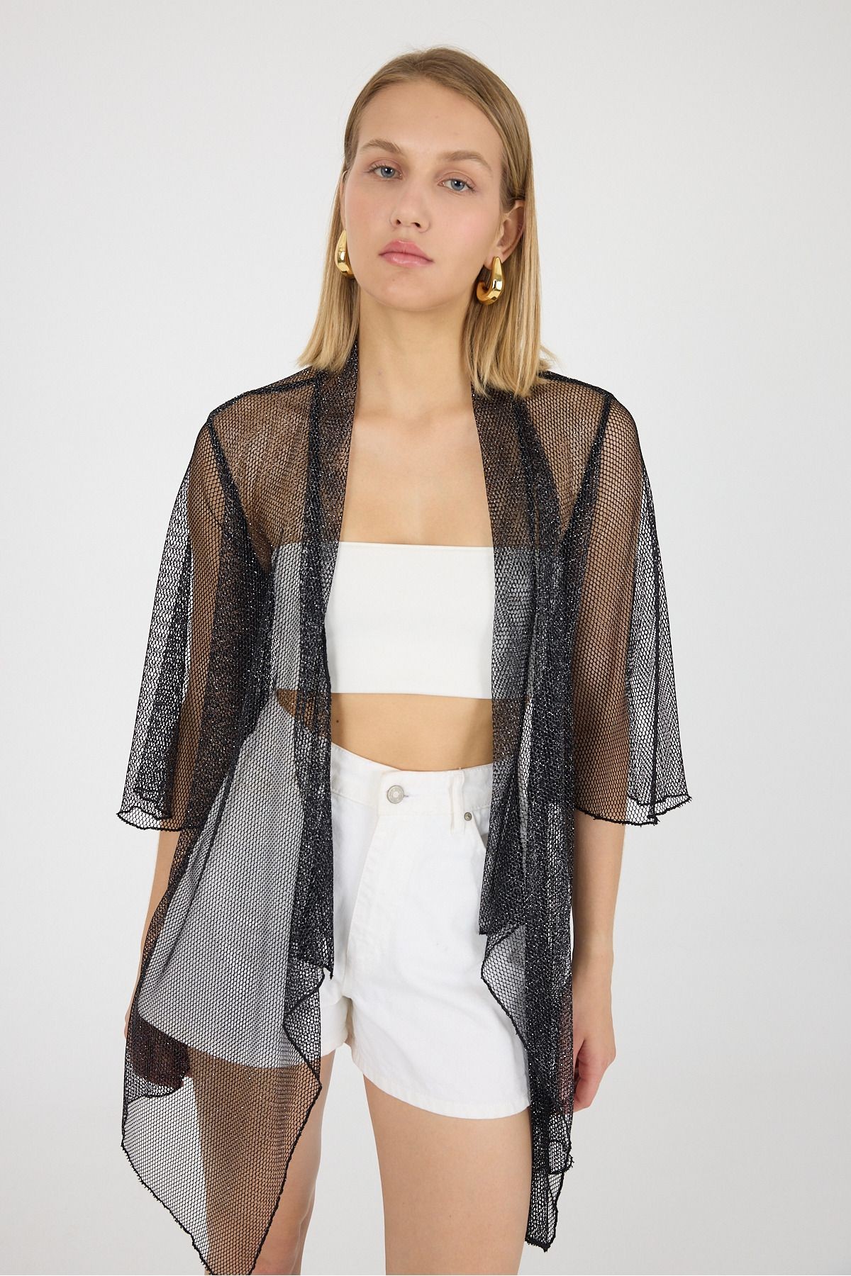 Simli File Şal Yakalı Volan Kol Kimono Kaftan Plaj Giyim 25L8120