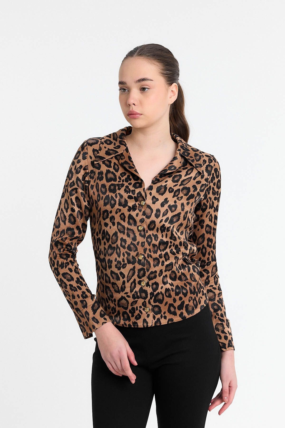 Leopar Desen Saten Gömlek Gündüz - Gece Şıklığı 25l8021