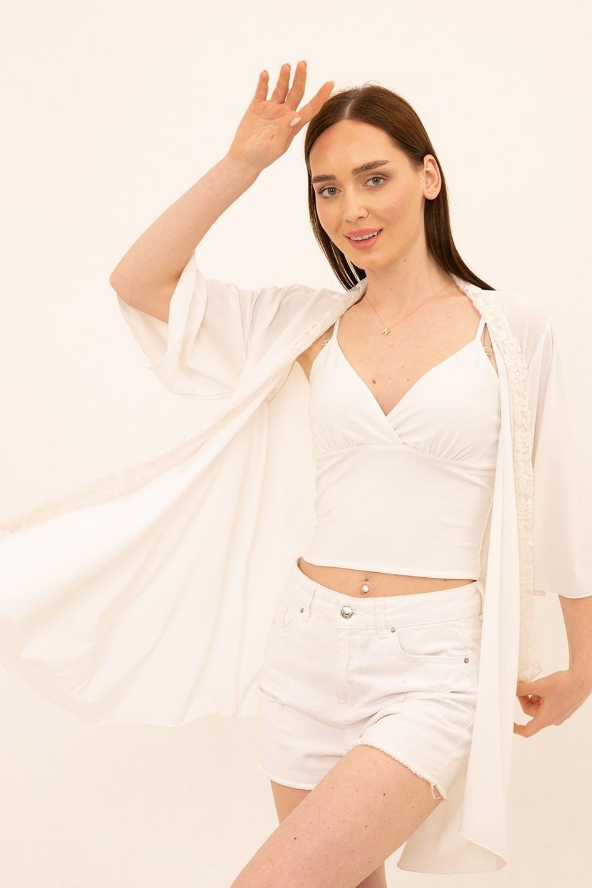 Ecru Yakada Dantel Detay Hırka&kimono