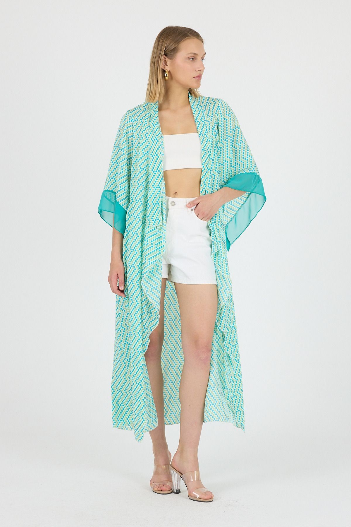 Puantyeli Şal Yaka Kol Ucu Saten Detay Volan Kol Şifon Maxi Kimono Kaftan Plaj Giyim 25L8115