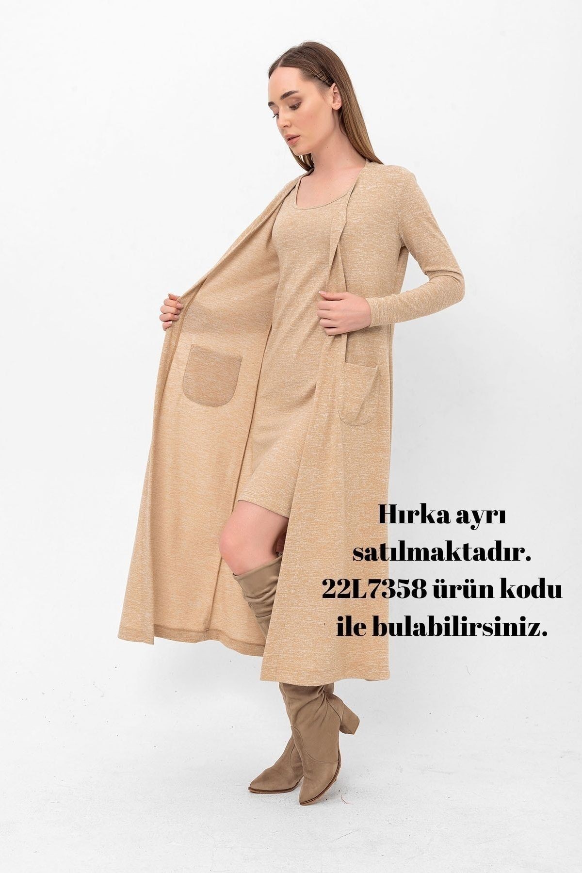 Bej Melanj Balerin Yaka Triko Elbise