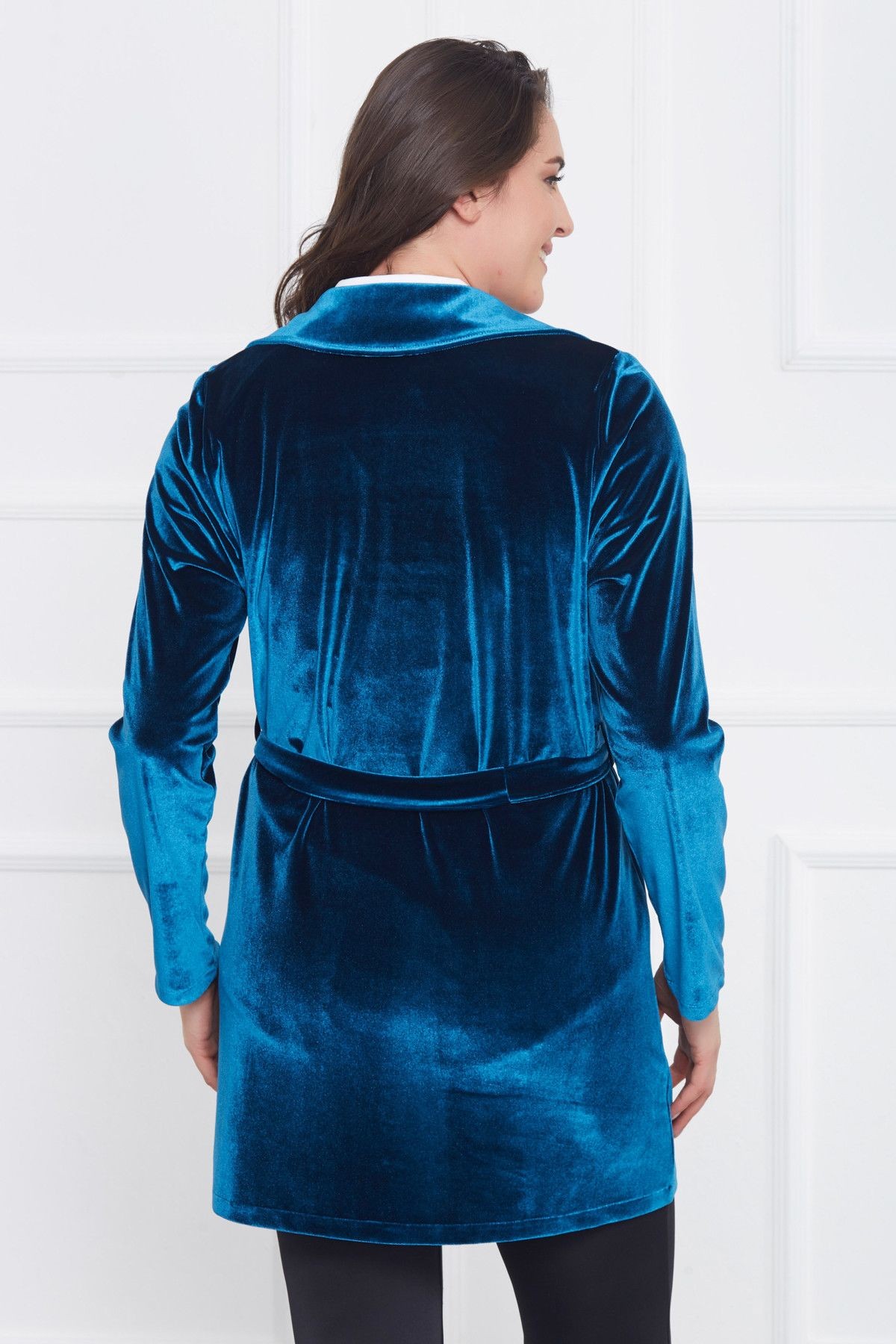 Kadın Saks Kadife Kimono Arma Detaylı 17LB9025
