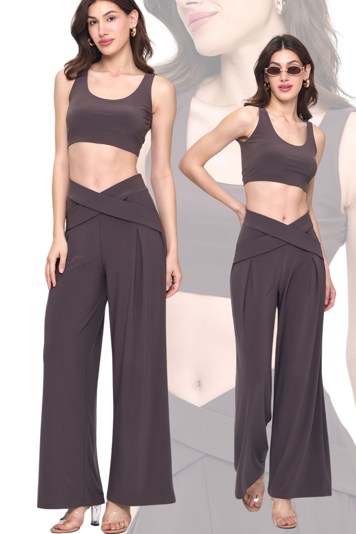Kahve Bel Detay Tasarım Bol Paça Pantolon Gündüz - Gece Şıklığı 25l8006