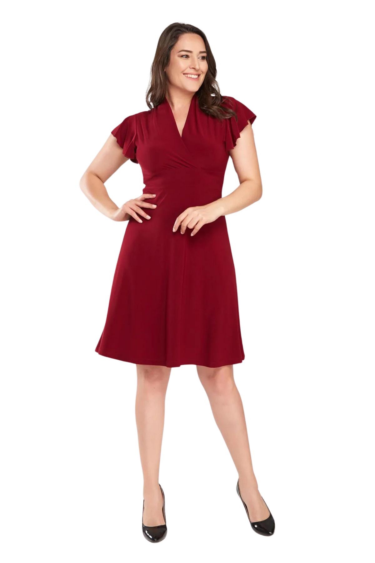 Kadın Bordo Kruvaze Yaka Elbise Gündüz&gece Şıklığı 17lb9102