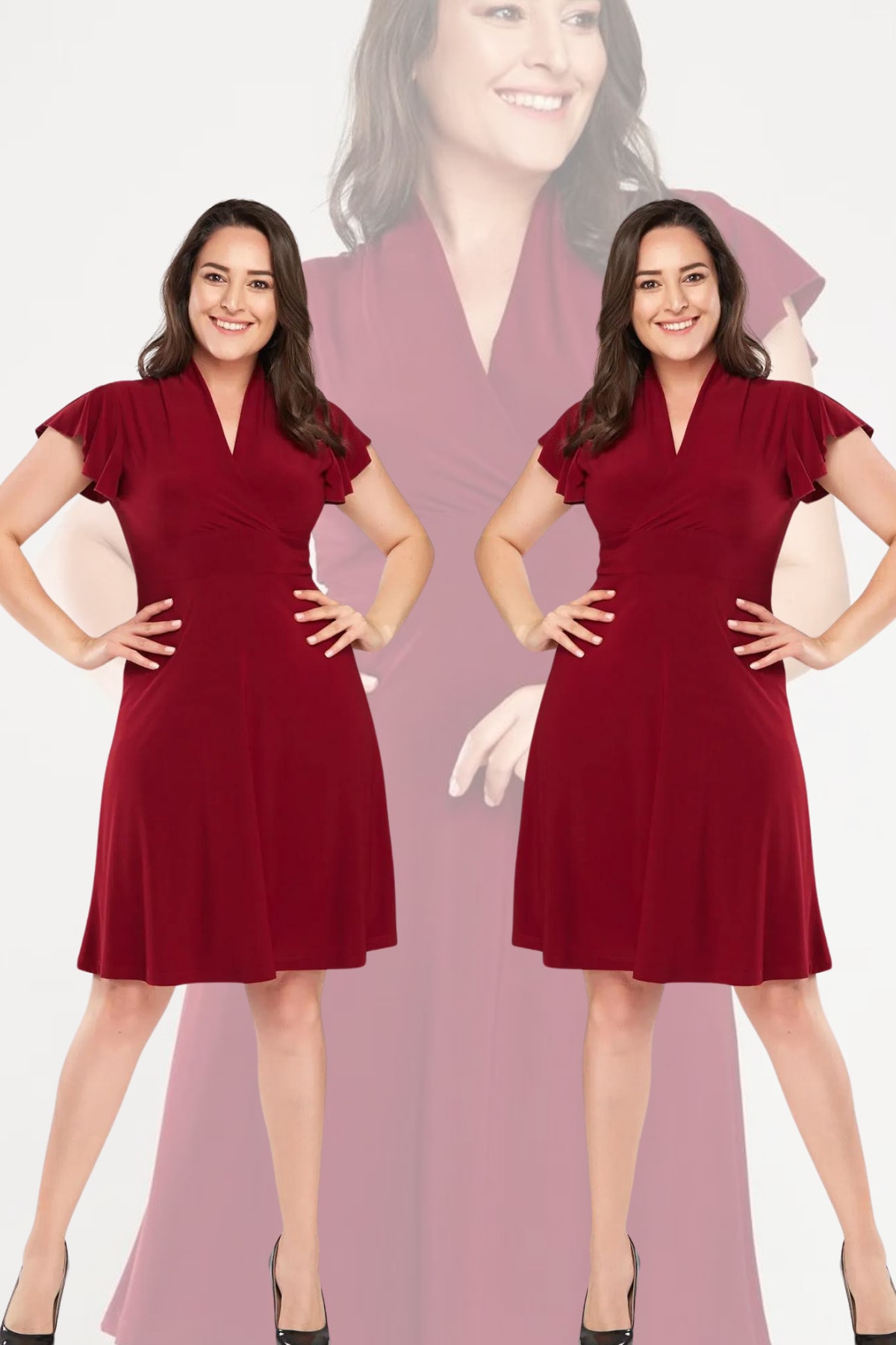 Kadın Bordo Kruvaze Yaka Elbise Gündüz&gece Şıklığı 17lb9102