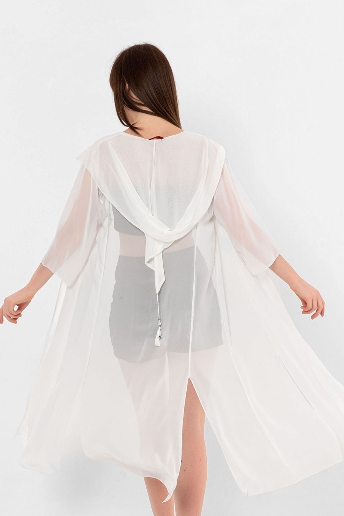 Ecru Kapüşonlu Yırtmaç Detaylı Şifon Kimono&bikiniüstü