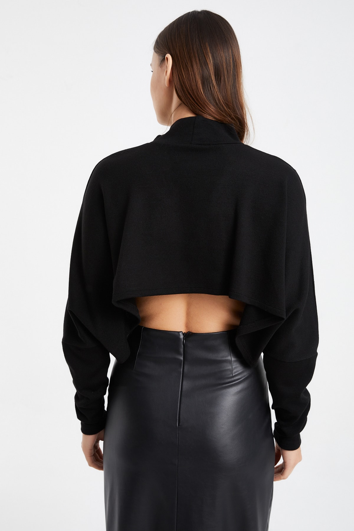 Kadın Siyah Yaka Detay Triko Crop Bolero