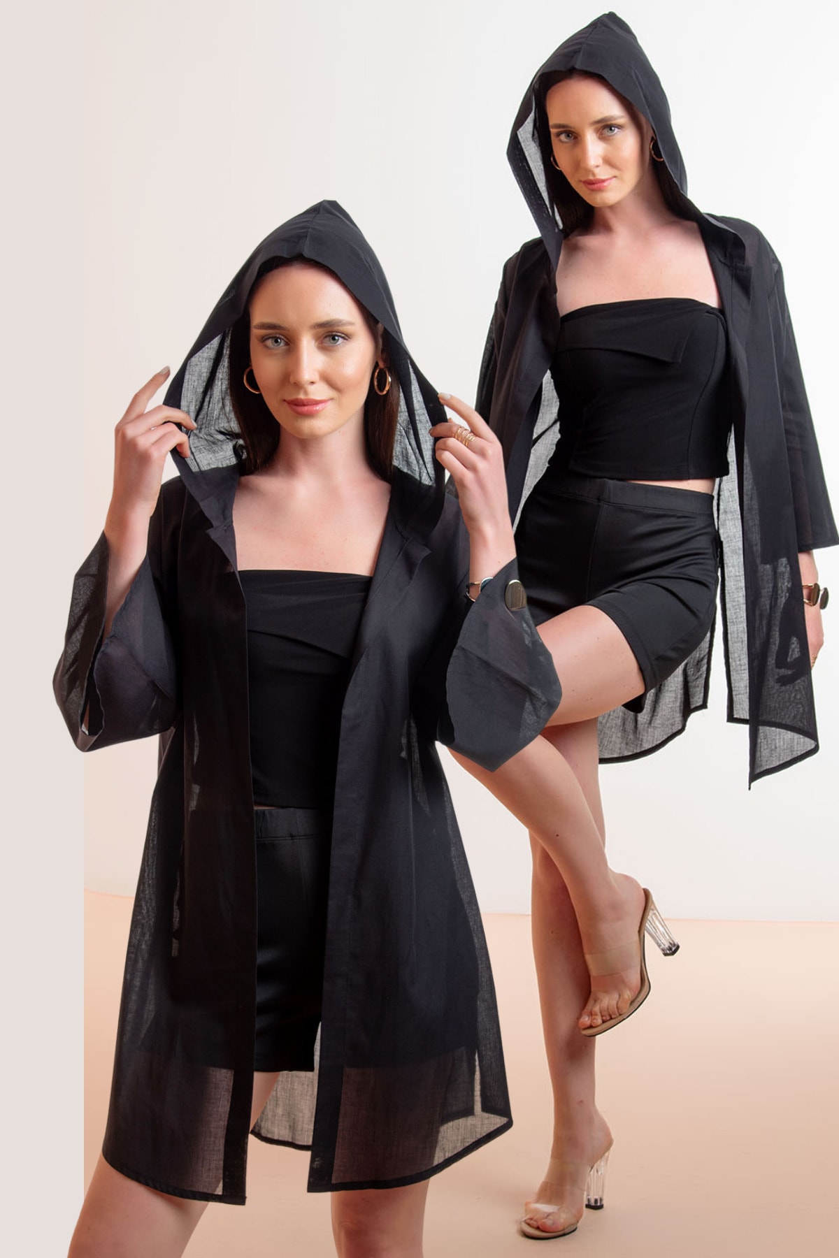 Kapişonlu Yırtmaç Detay Tasarım Çok Amaçlı Vual Hırka&MayoBikini Üstü&Kimono&Spor Giyim