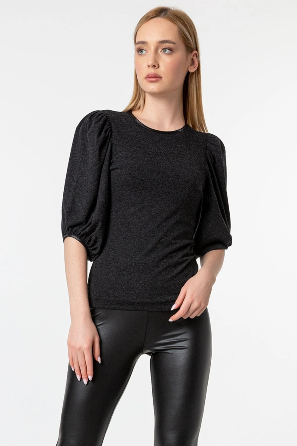 Antrasit Balon Kol Bisiklet Yaka Mevsimlik Triko Bluz Gündüz & Gece Şıklığı 21L7128