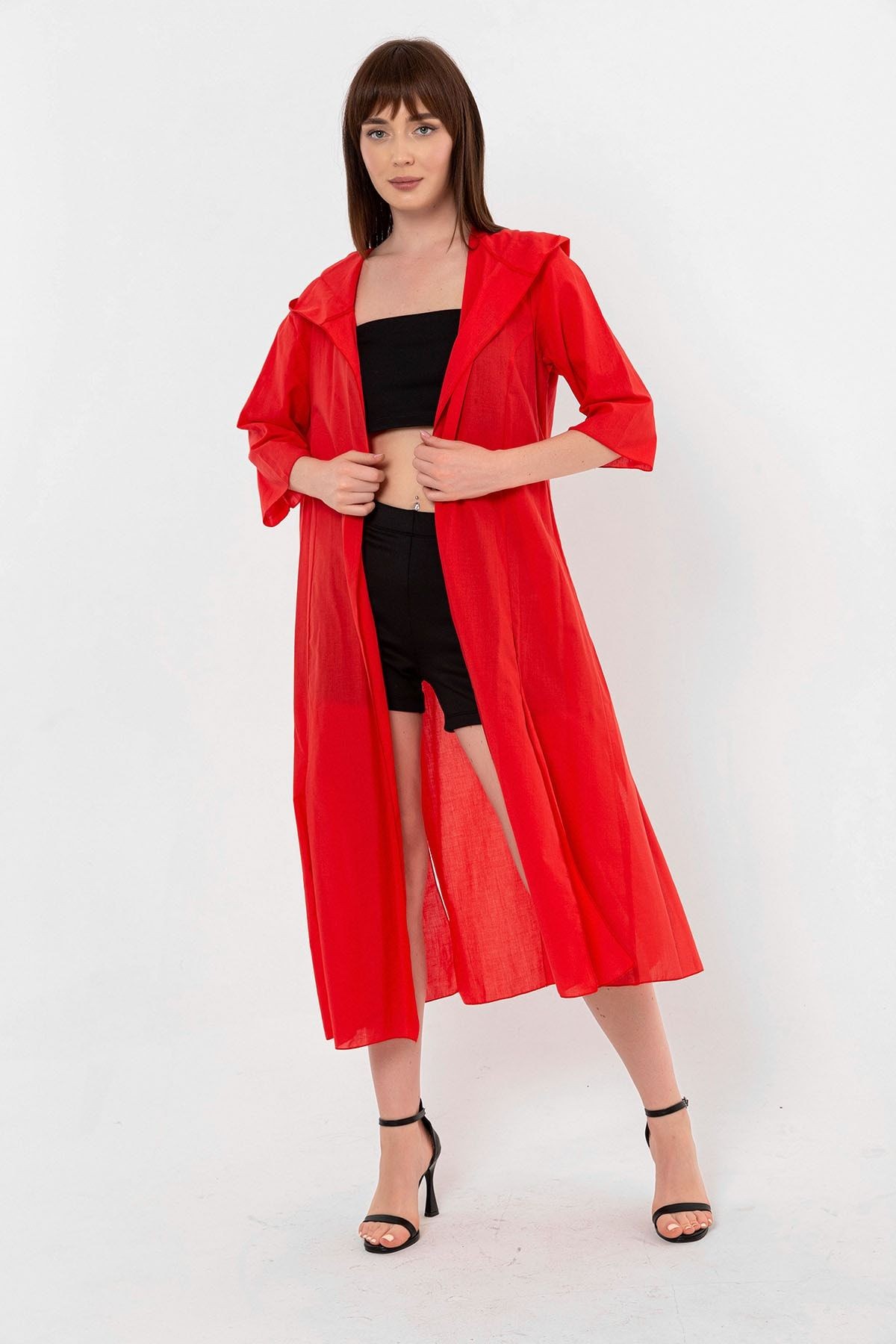 Kırmızı Kapüşonlu Yırtmaç Detaylı Vual Kimono&bikiniüstü