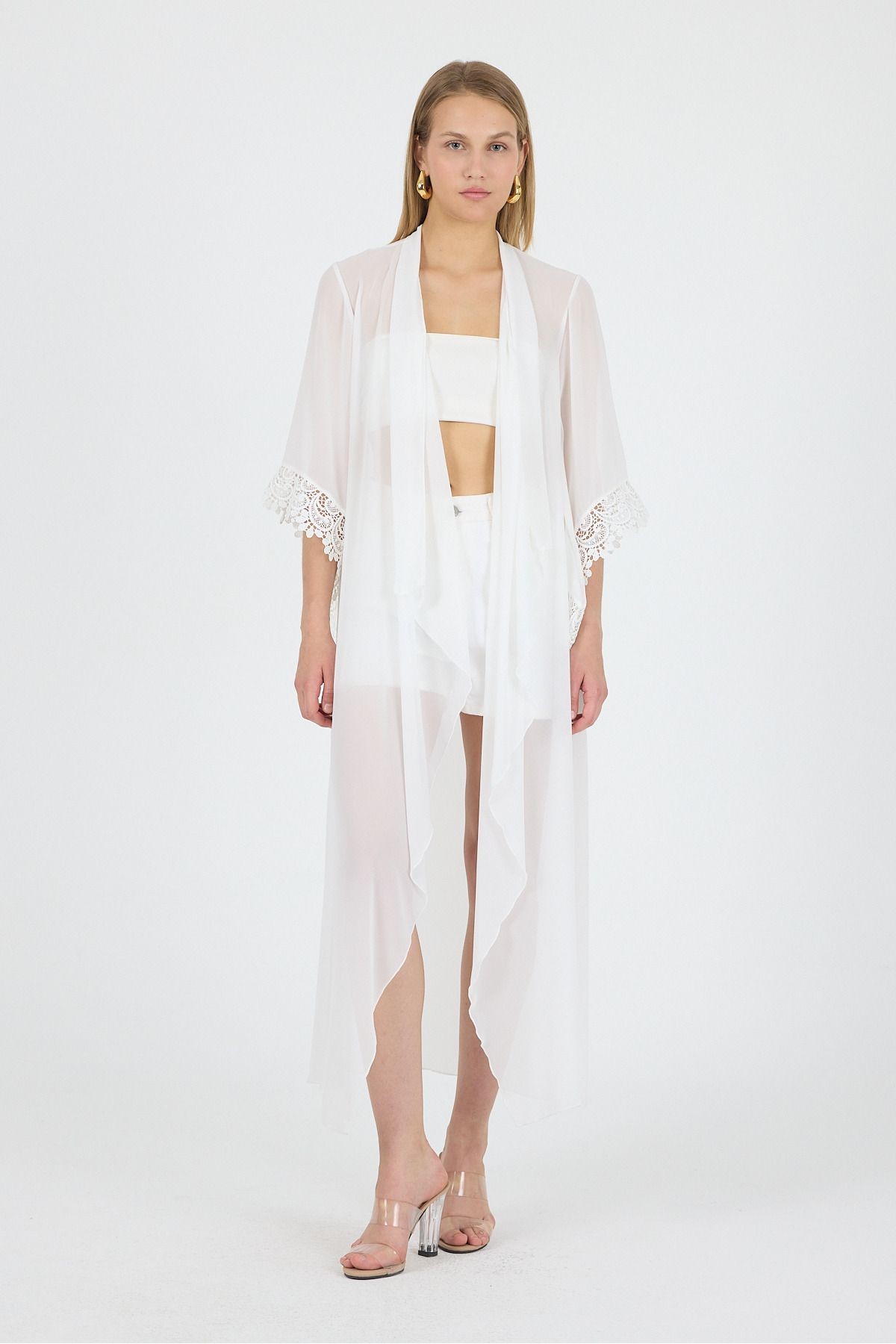 Beyaz Şal Yaka Kol Ucu Güpür DetayVolan Kol Şifon Maxi Kimono Kaftan Plaj Giyim 25L8113
