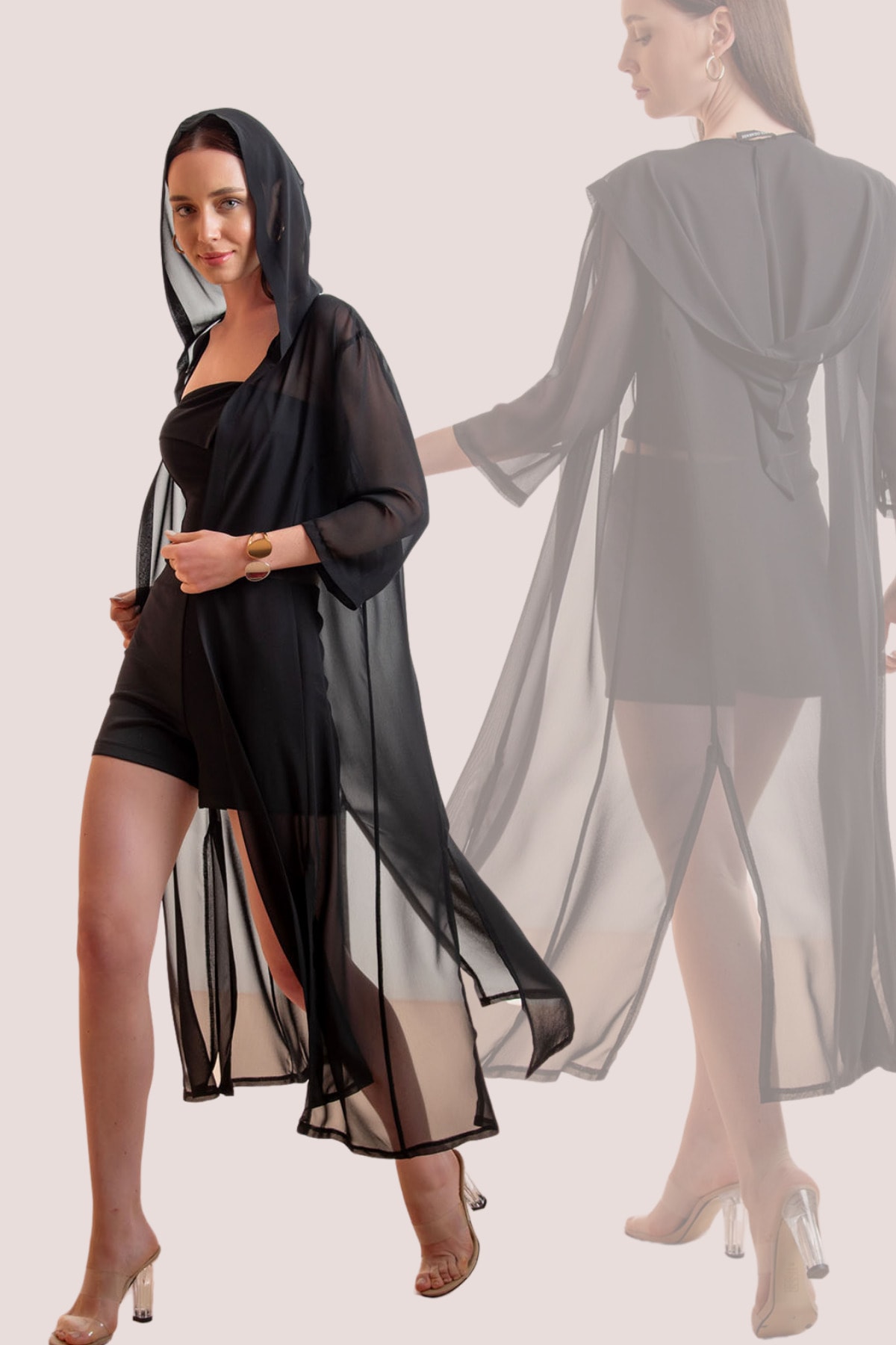 Kapişonlu Yırtmaç Detay Çok Amaçlı Tasarım Şifon Hırka&MayoBikini Üstü&Kimono&Plaj Giyim