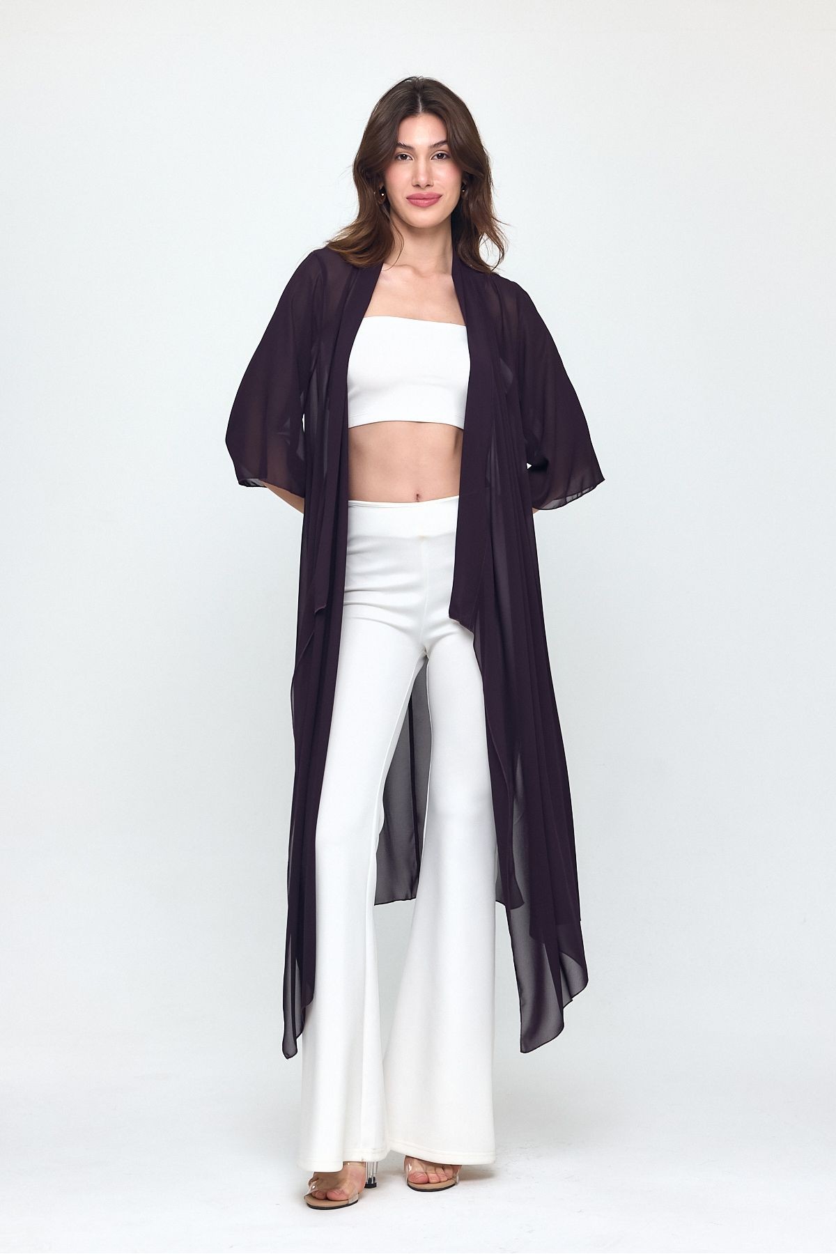 Mürdüm Şal Yaka Truvakar Kol Şifon Uzun Kimono - Hırka- Plaj Giyim 25L8035
