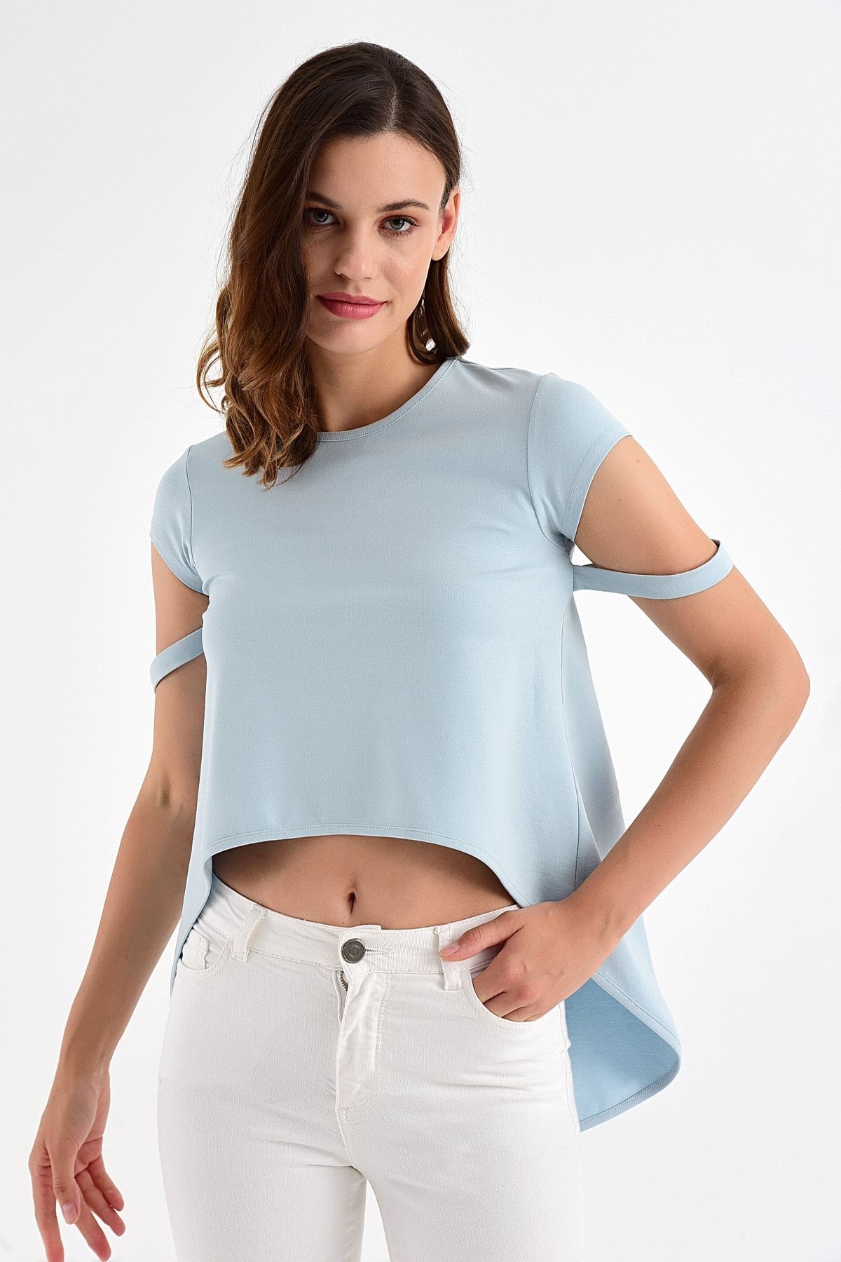 Kadın Buz Mavi Asimetrik Kesim Bluz 20L6811