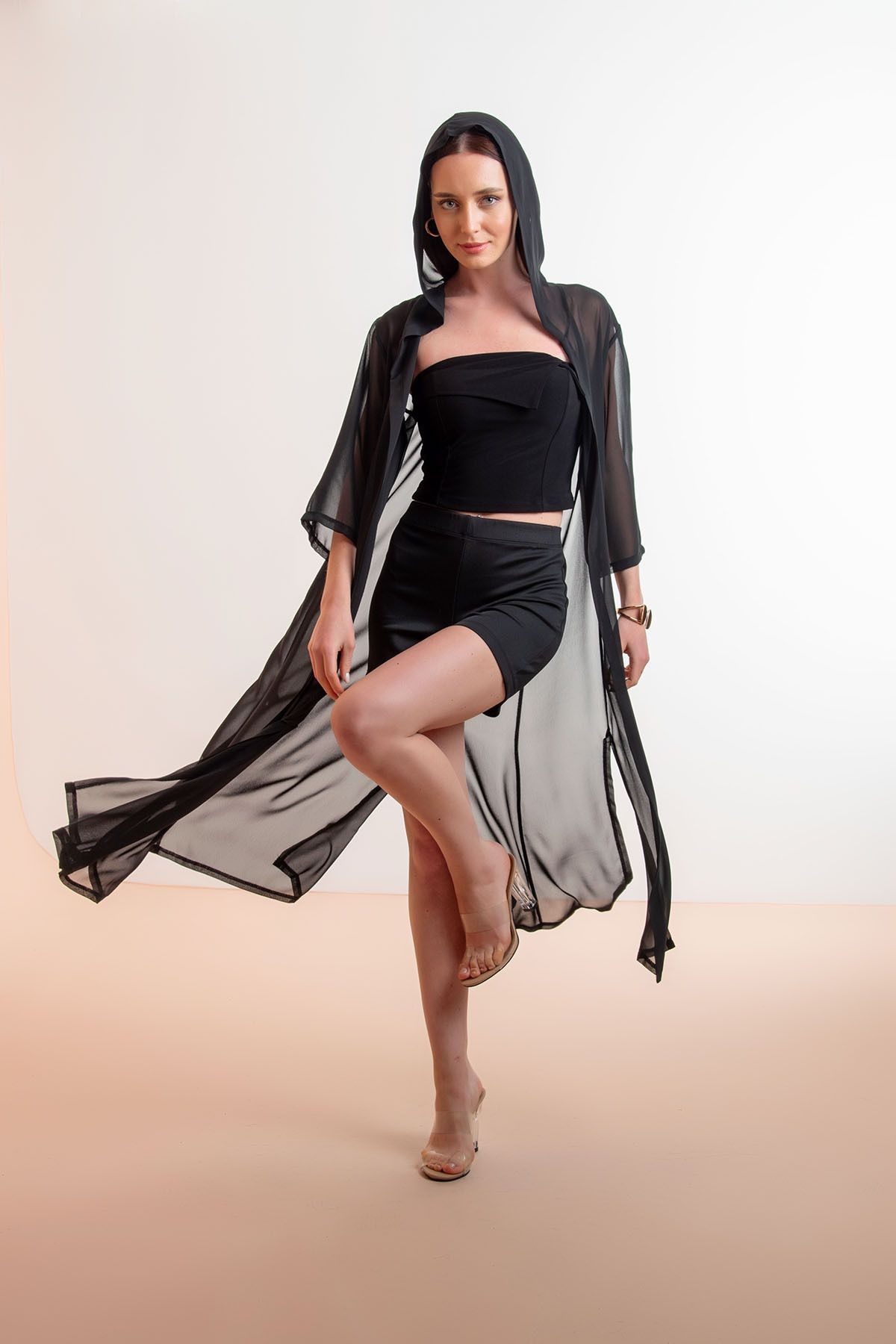 Kapişonlu Yırtmaç Detay Çok Amaçlı Tasarım Şifon Hırka&MayoBikini Üstü&Kimono&Plaj Giyim