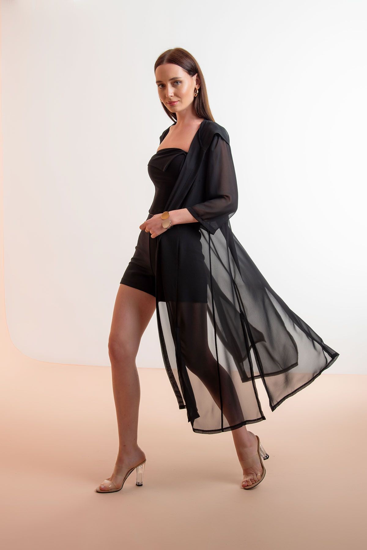 Kapişonlu Yırtmaç Detay Çok Amaçlı Tasarım Şifon Hırka&MayoBikini Üstü&Kimono&Plaj Giyim