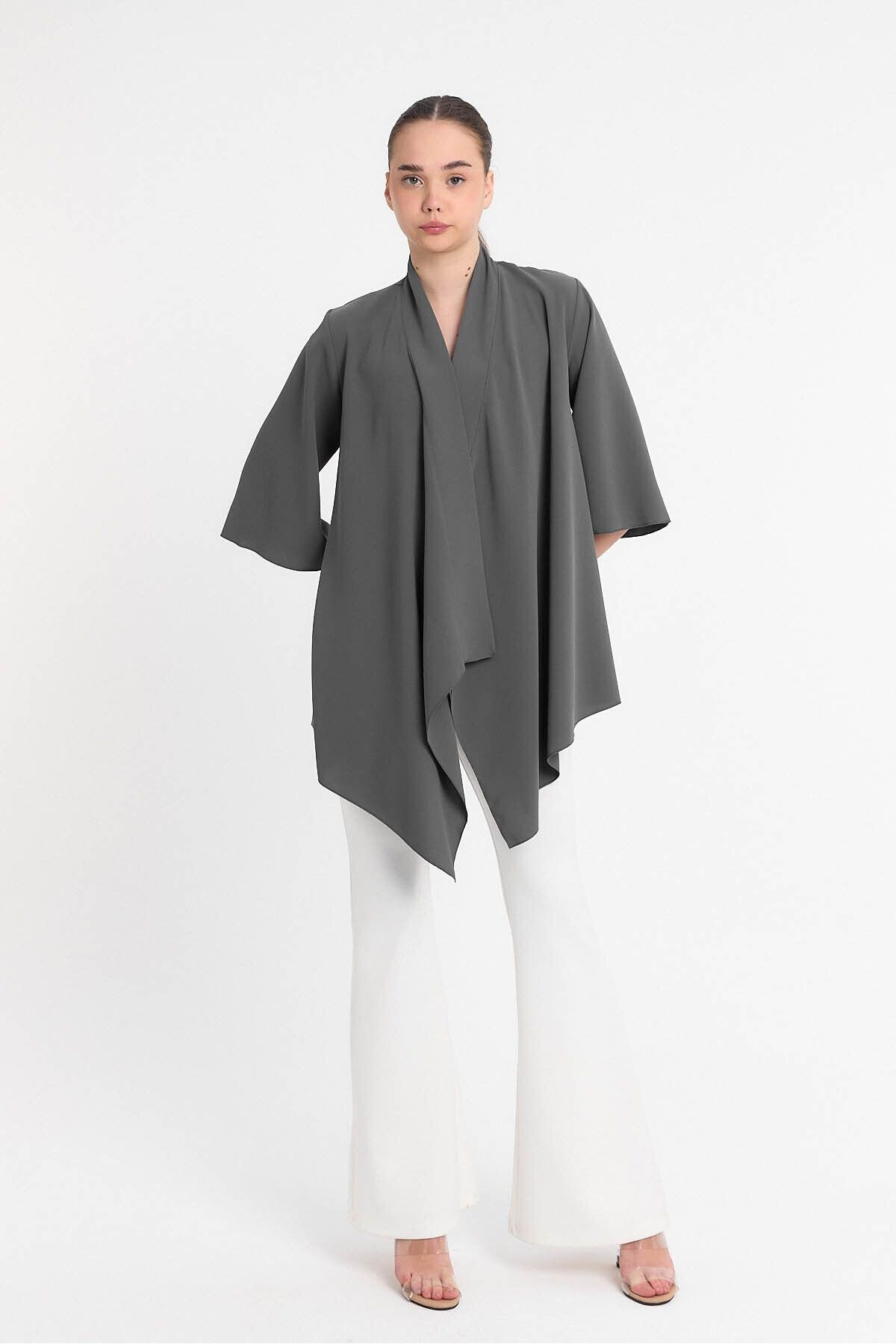 Gri Şal Yaka Truvakar Kol Kimono - Hırka- Plaj Giyim 25l8019