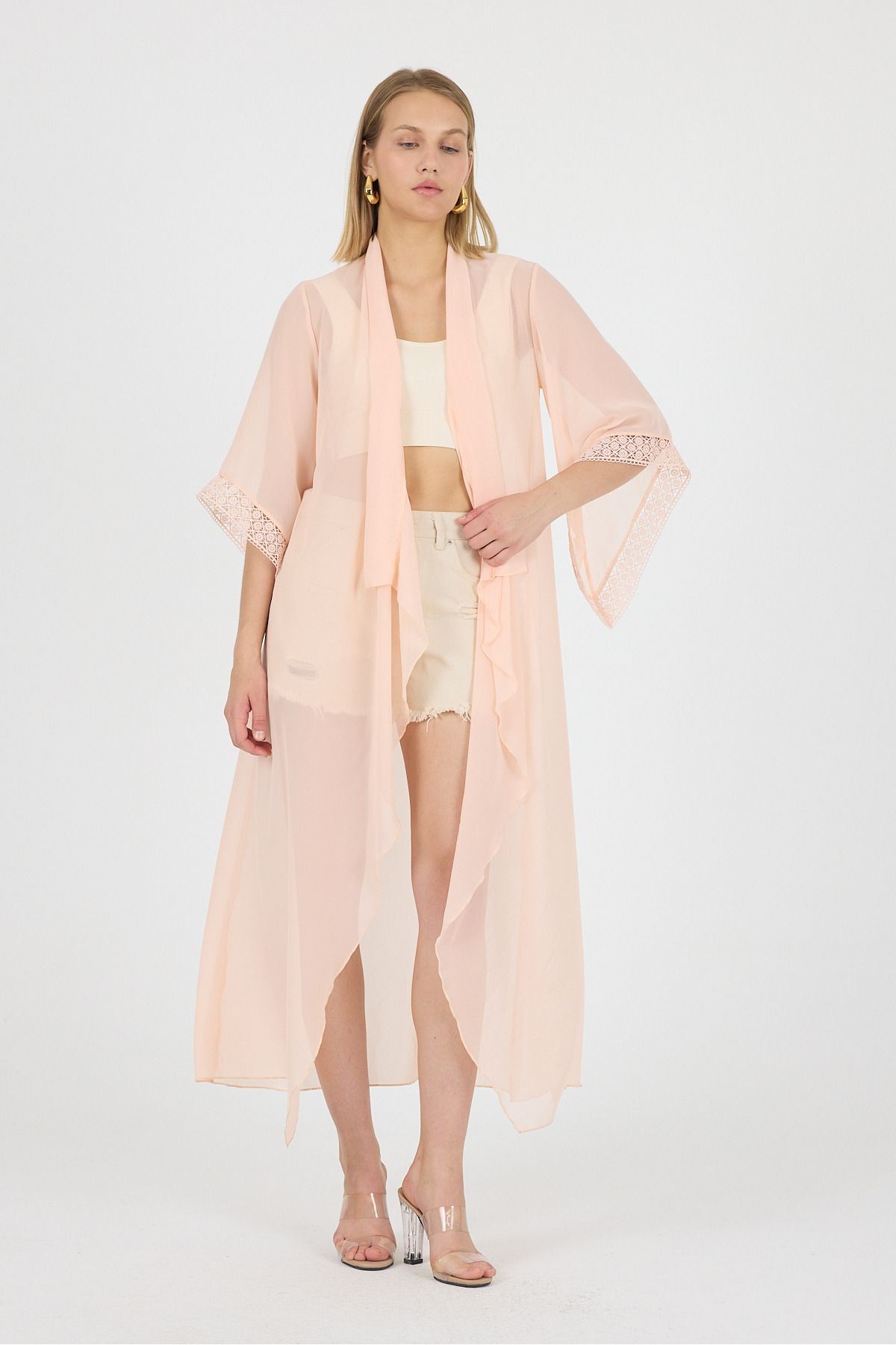 Somon Şal Yaka Kol Ucu Güpür DetayVolan Kol Şifon Maxi Kimono Kaftan Plaj Giyim 25L8114