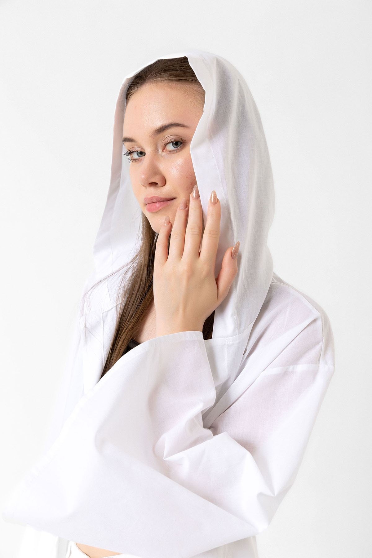 Ecru Kapüşonlu Yırtmaçlı Vual Kimono&Hırka
