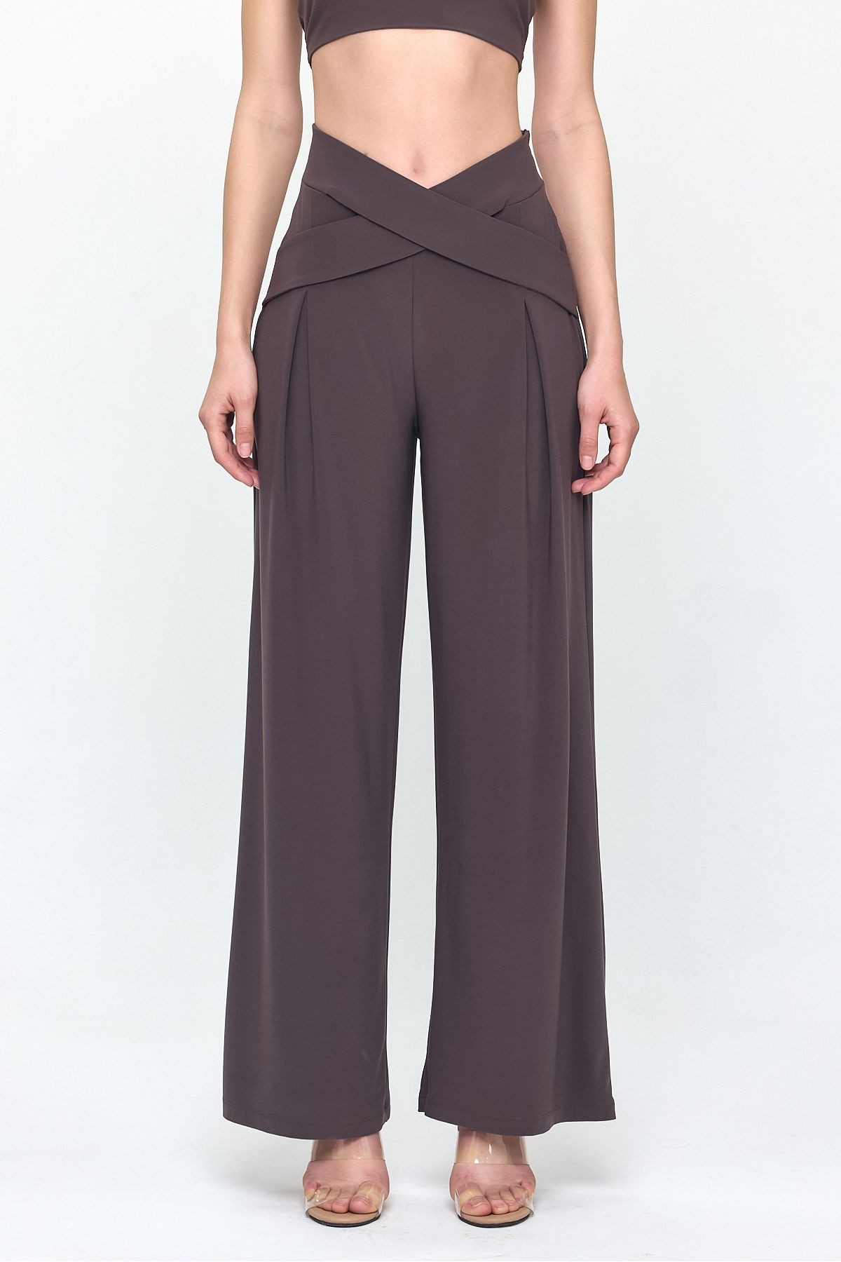 Kahve Bel Detay Tasarım Bol Paça Pantolon Gündüz - Gece Şıklığı 25l8006