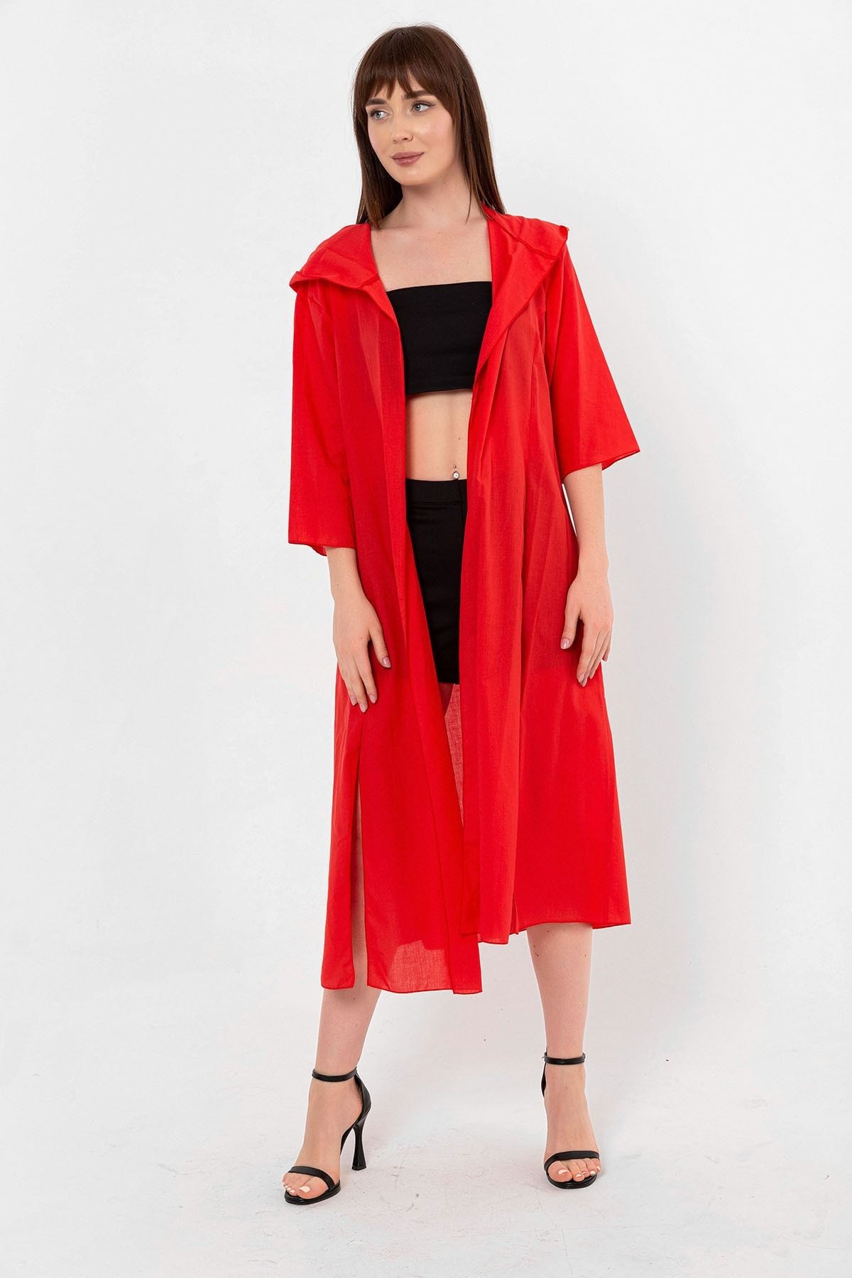 Kırmızı Kapüşonlu Yırtmaç Detaylı Vual Kimono&bikiniüstü