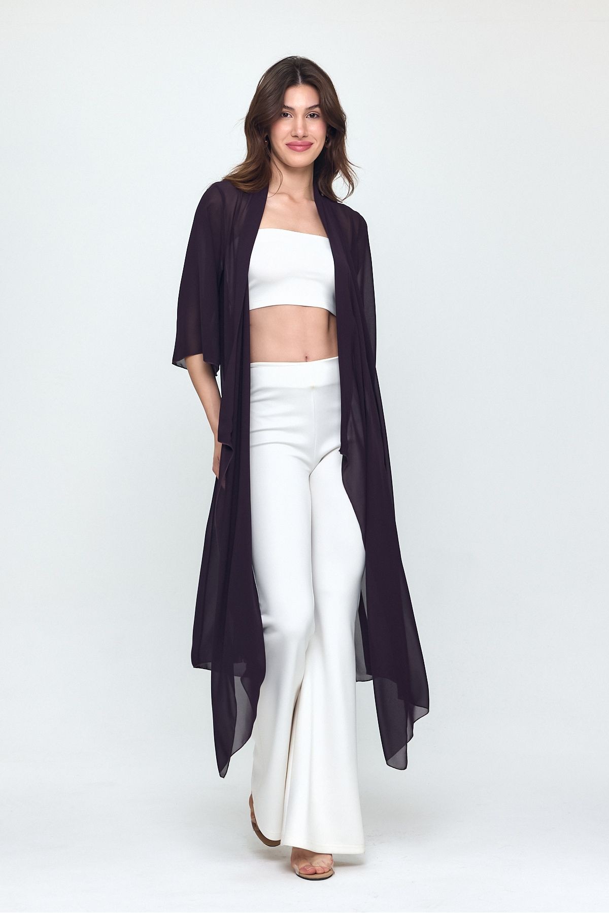 Mürdüm Şal Yaka Truvakar Kol Şifon Uzun Kimono - Hırka- Plaj Giyim 25L8035