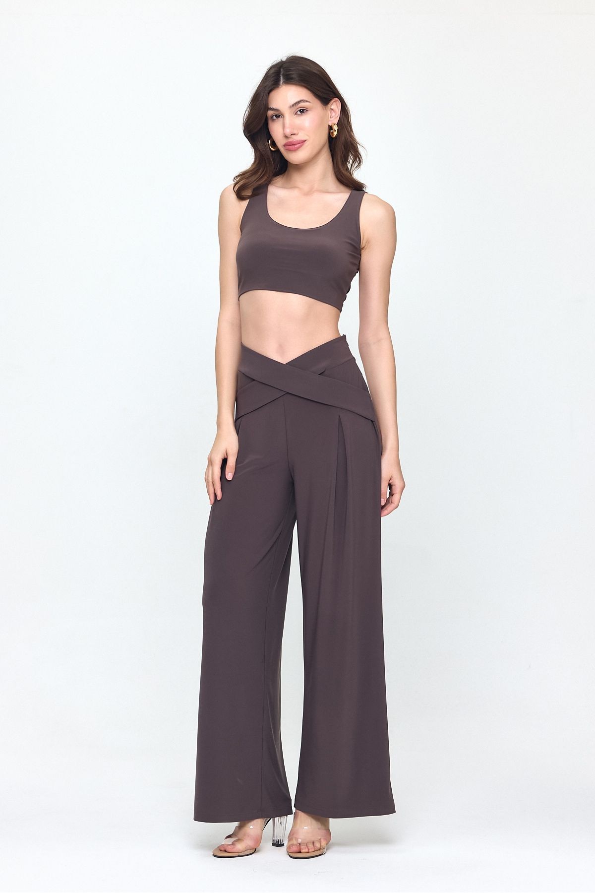 Kahve Bel Detay Tasarım Bol Paça Pantolon Gündüz - Gece Şıklığı 25l8006