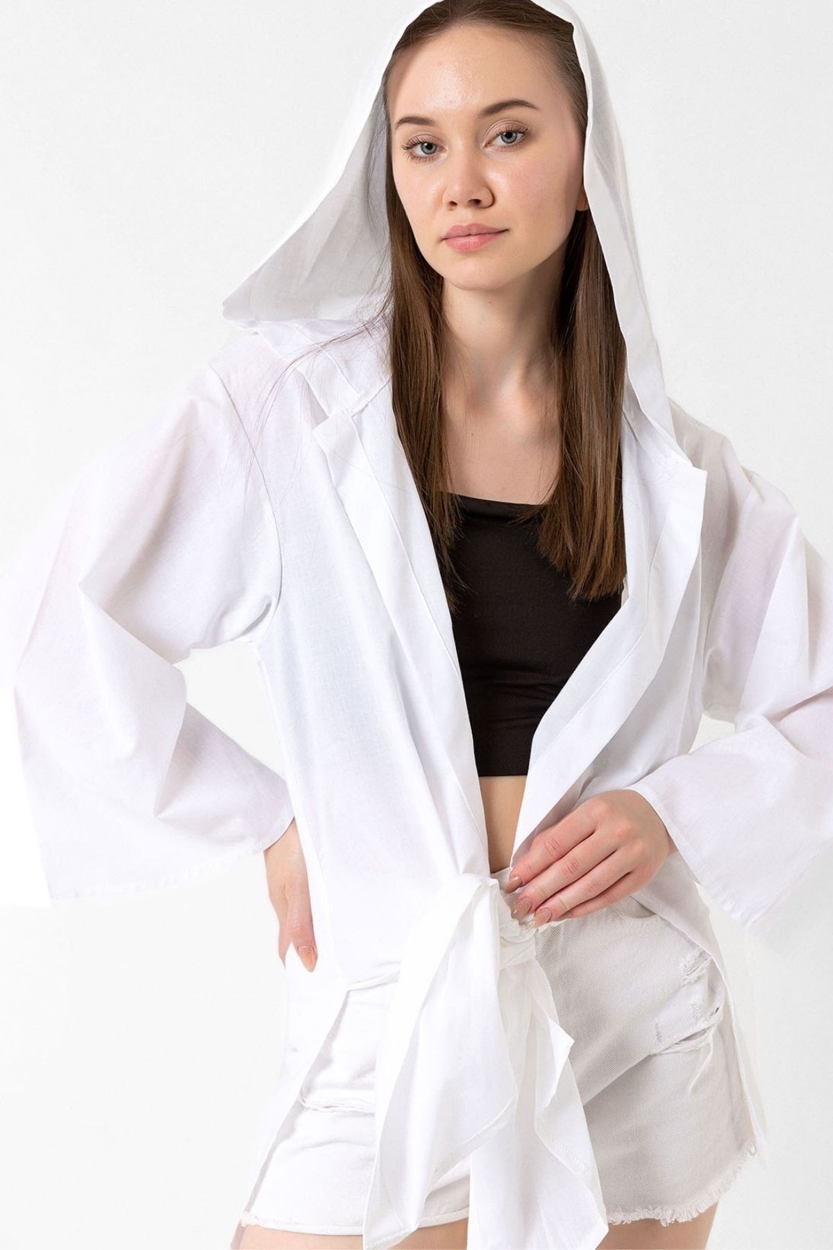 Ecru Kapüşonlu Yırtmaçlı Vual Kimono&Hırka