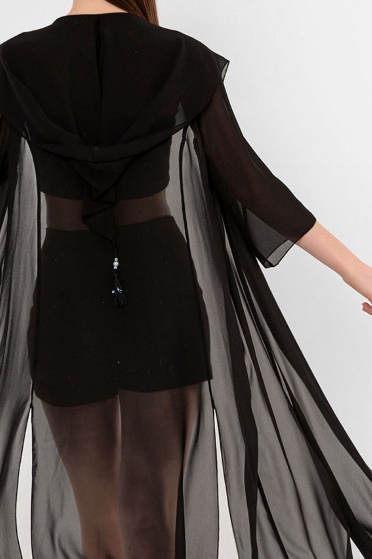 Siyah Kapüşonlu Yırtmaç Detaylı Şifon Kimono&bikiniüstü