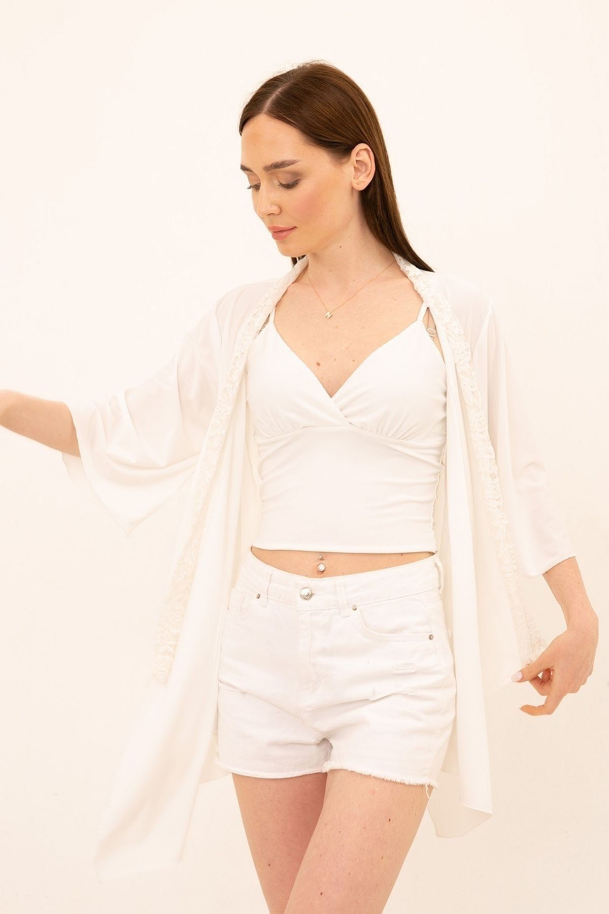 Ecru Yakada Dantel Detay Hırka&kimono
