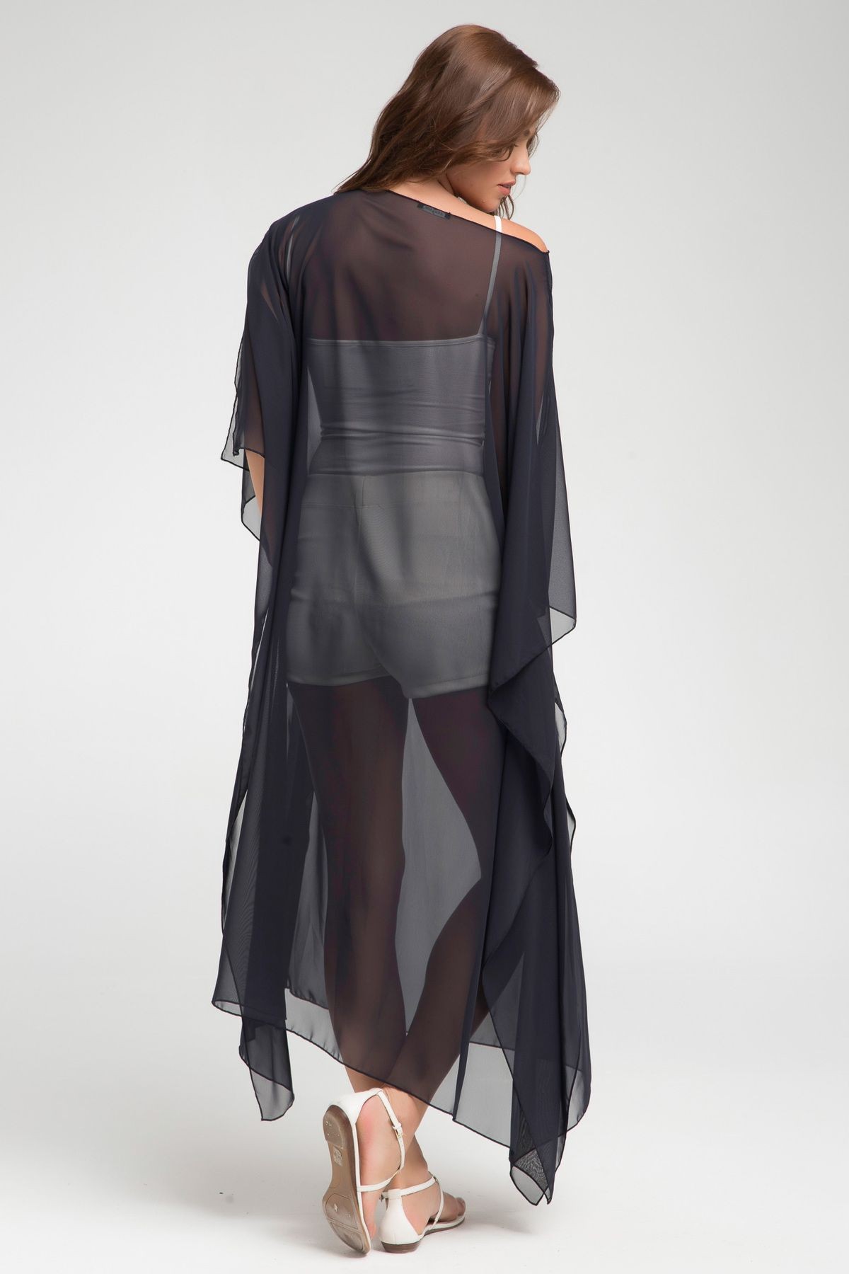 Siyah Şifon Yırtmaçlı Yarasa Kol Rahat Kesim Kimono Plaj Giyim 24l7566