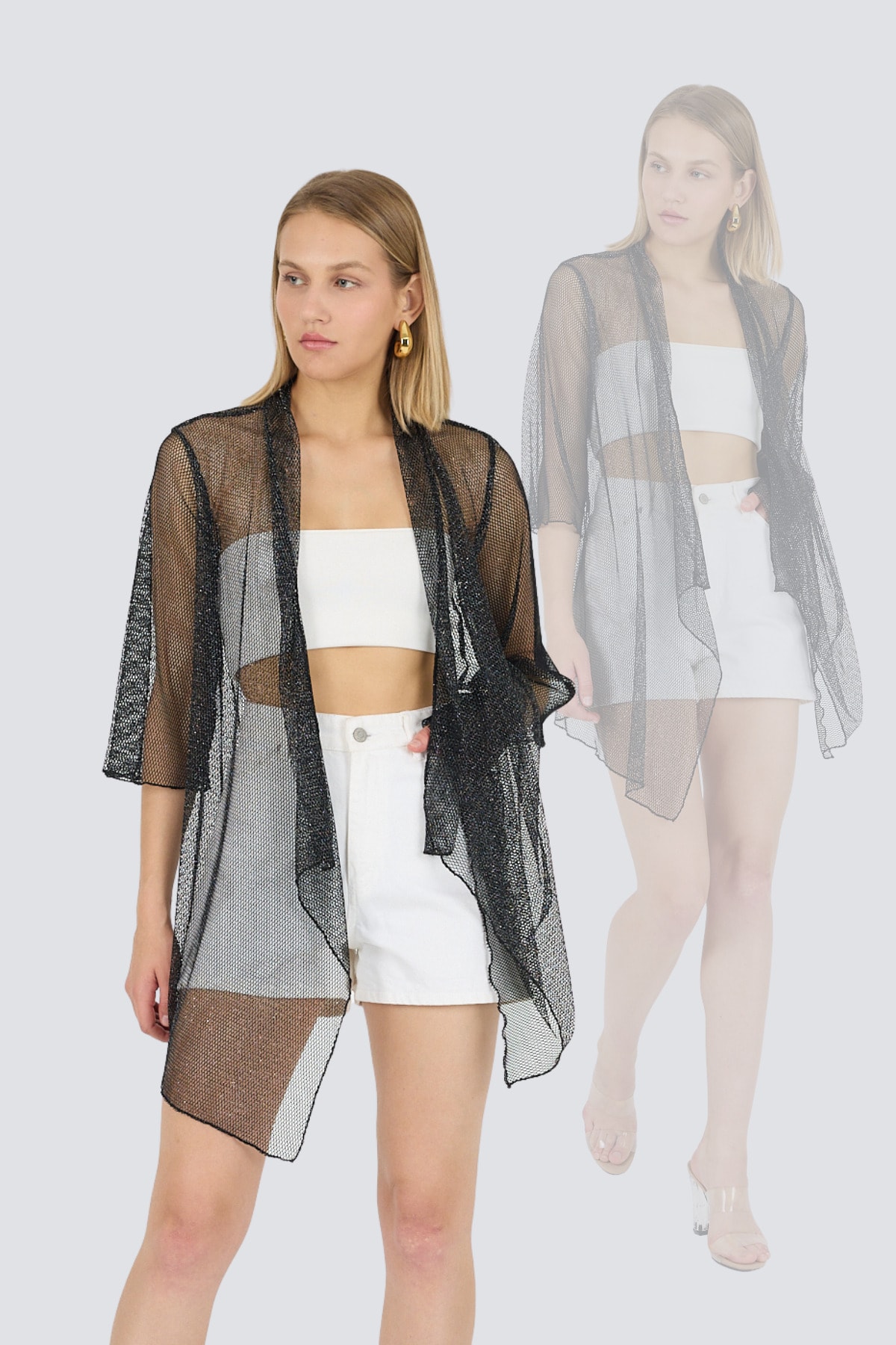 Simli File Şal Yakalı Volan Kol Kimono Kaftan Plaj Giyim 25L8120