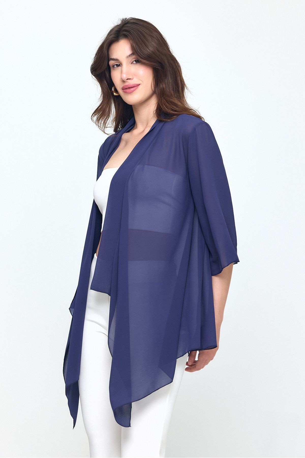 Lacivert Şal Yaka Truvakar Kol Şifon Kimono - Hırka- Plaj Giyim 25L8034