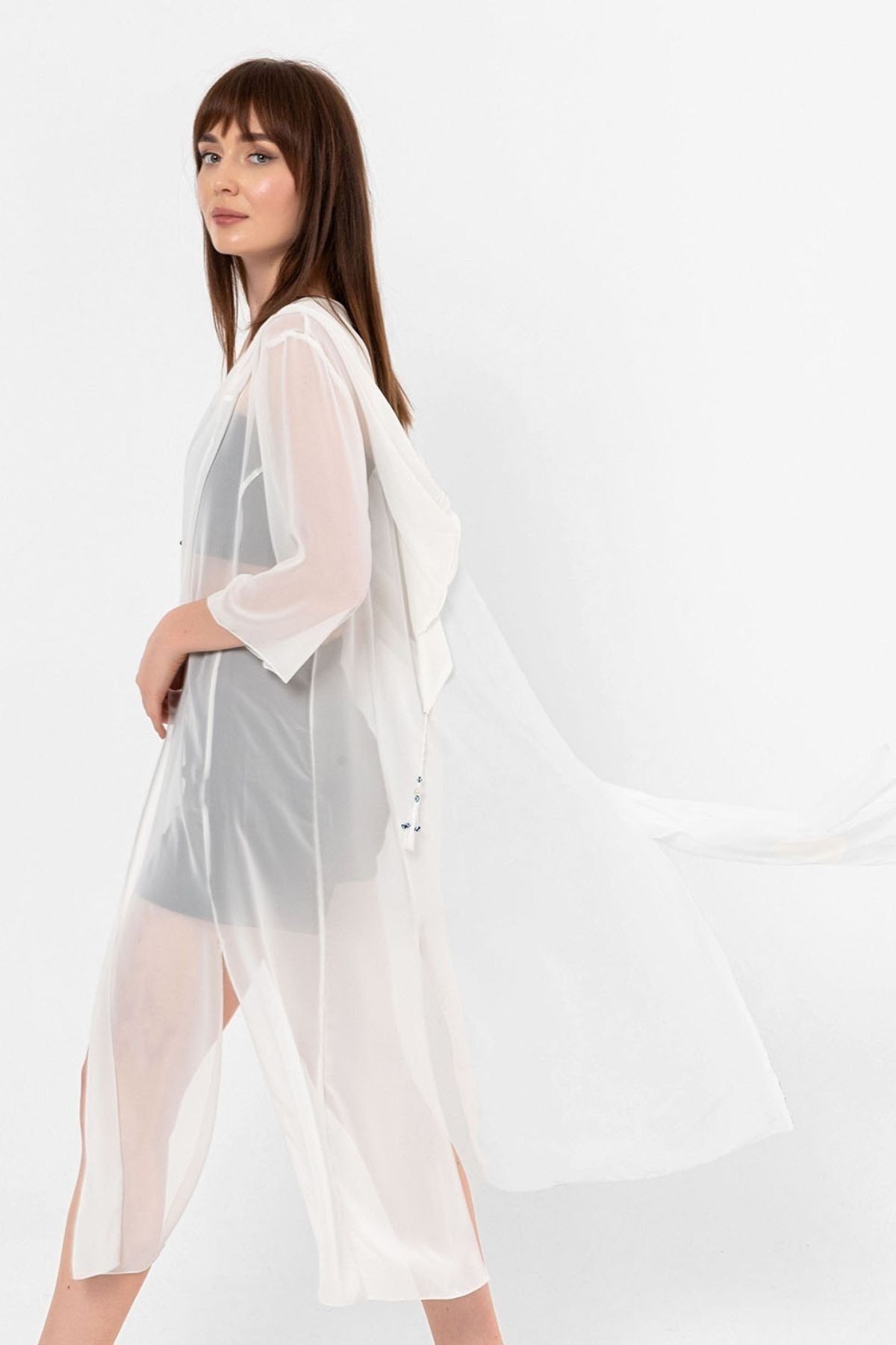 Ecru Kapüşonlu Yırtmaç Detaylı Şifon Kimono&bikiniüstü