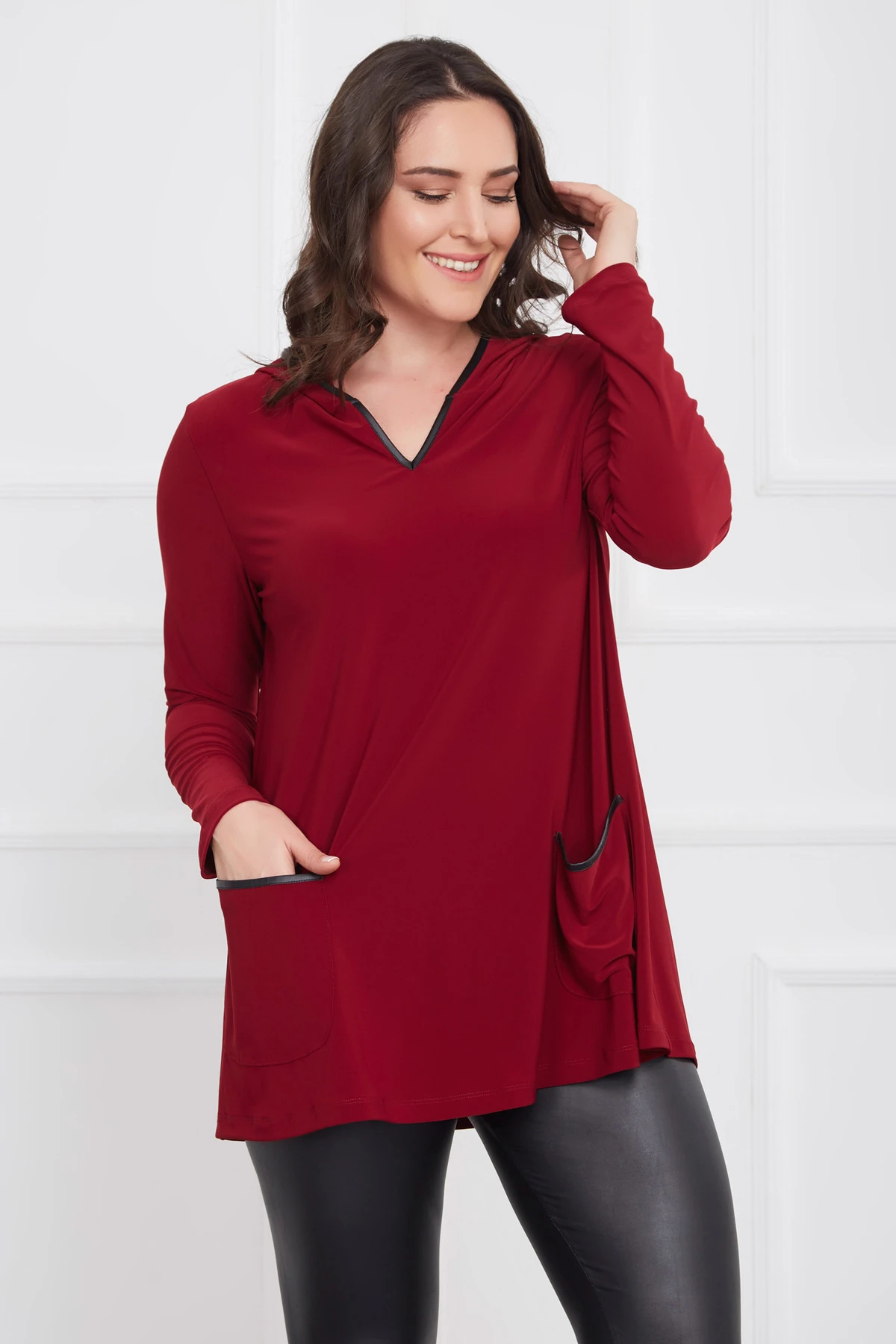 Kadın Bordo Cep ve Kapüşon Detaylı Bluz 17LB9010