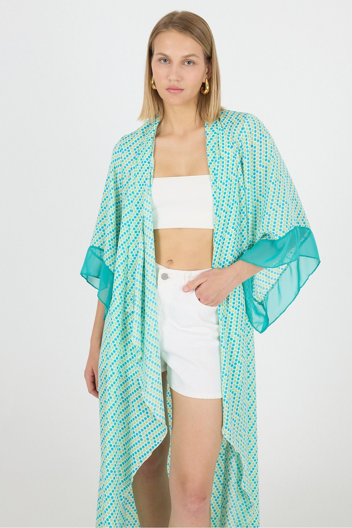 Puantyeli Şal Yaka Kol Ucu Saten Detay Volan Kol Şifon Maxi Kimono Kaftan Plaj Giyim 25L8115
