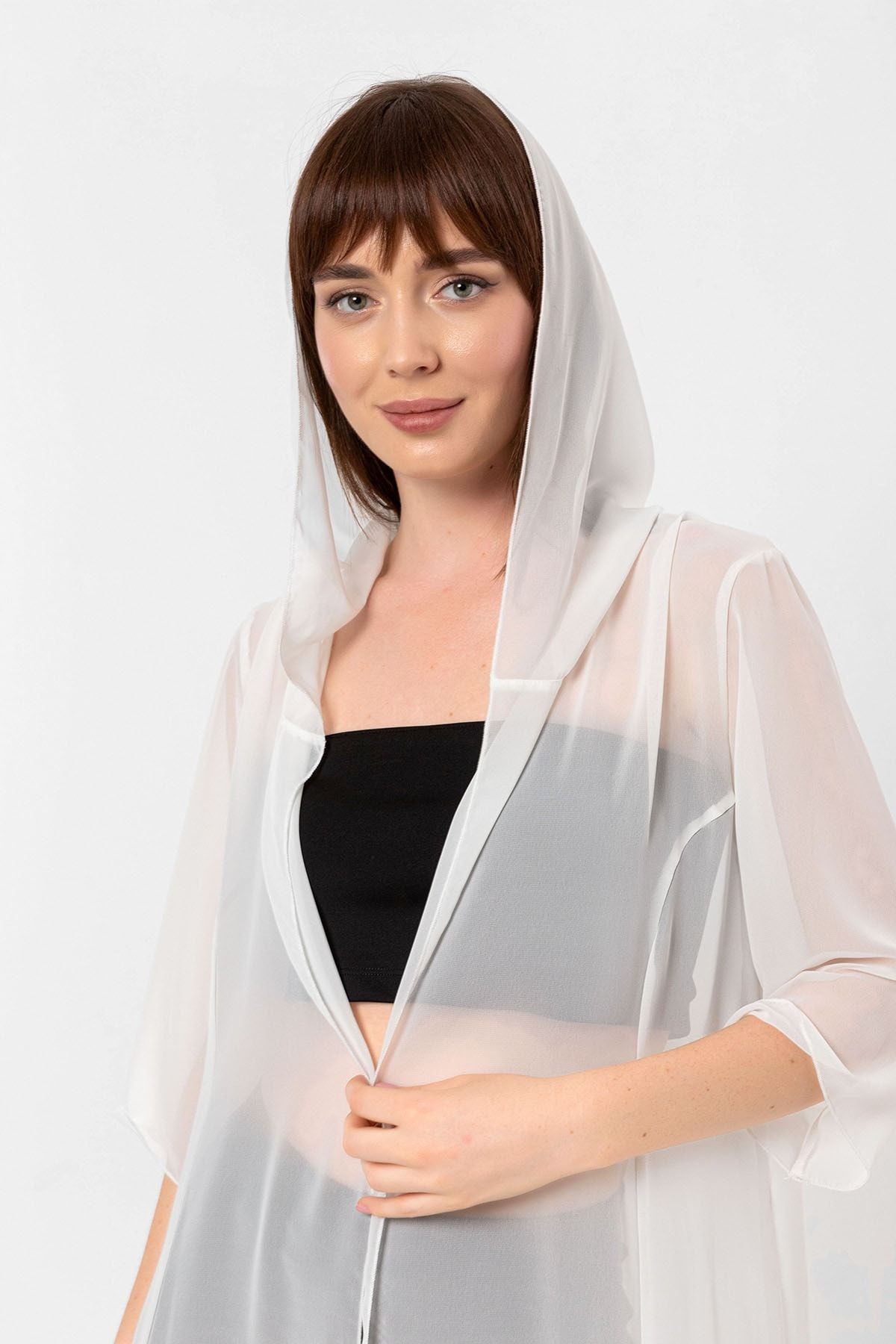 Ecru Kapüşonlu Yırtmaç Detaylı Şifon Kimono&bikiniüstü