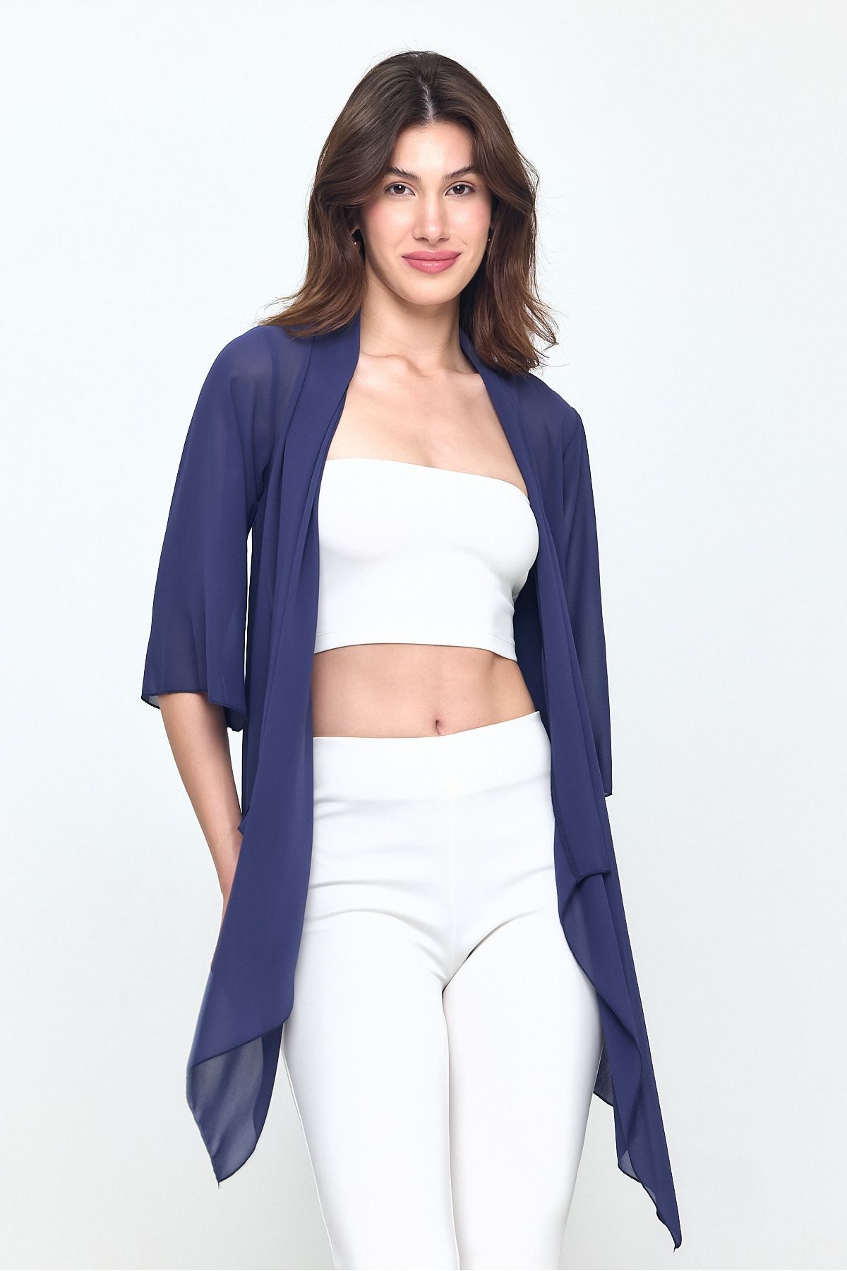 Lacivert Şal Yaka Truvakar Kol Şifon Kimono - Hırka- Plaj Giyim 25L8034