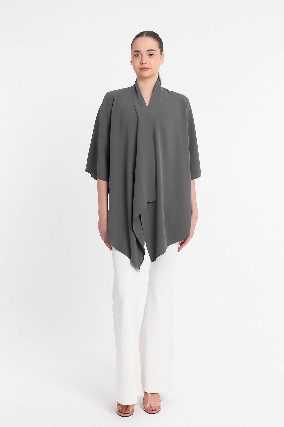Gri Şal Yaka Truvakar Kol Kimono - Hırka- Plaj Giyim 25l8019