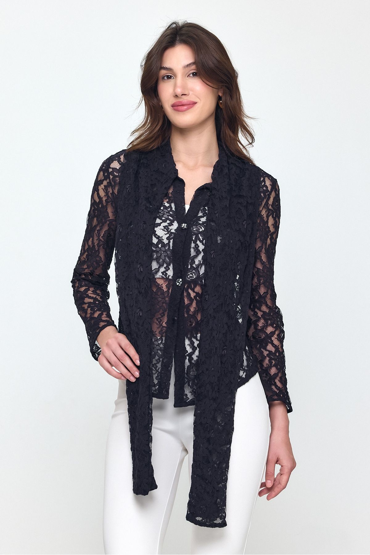 Kendinden Şal Detaylı Dantel Hırka Kimono-hırka Gündüz - Gece- Plaj Şıklığı 25L8016